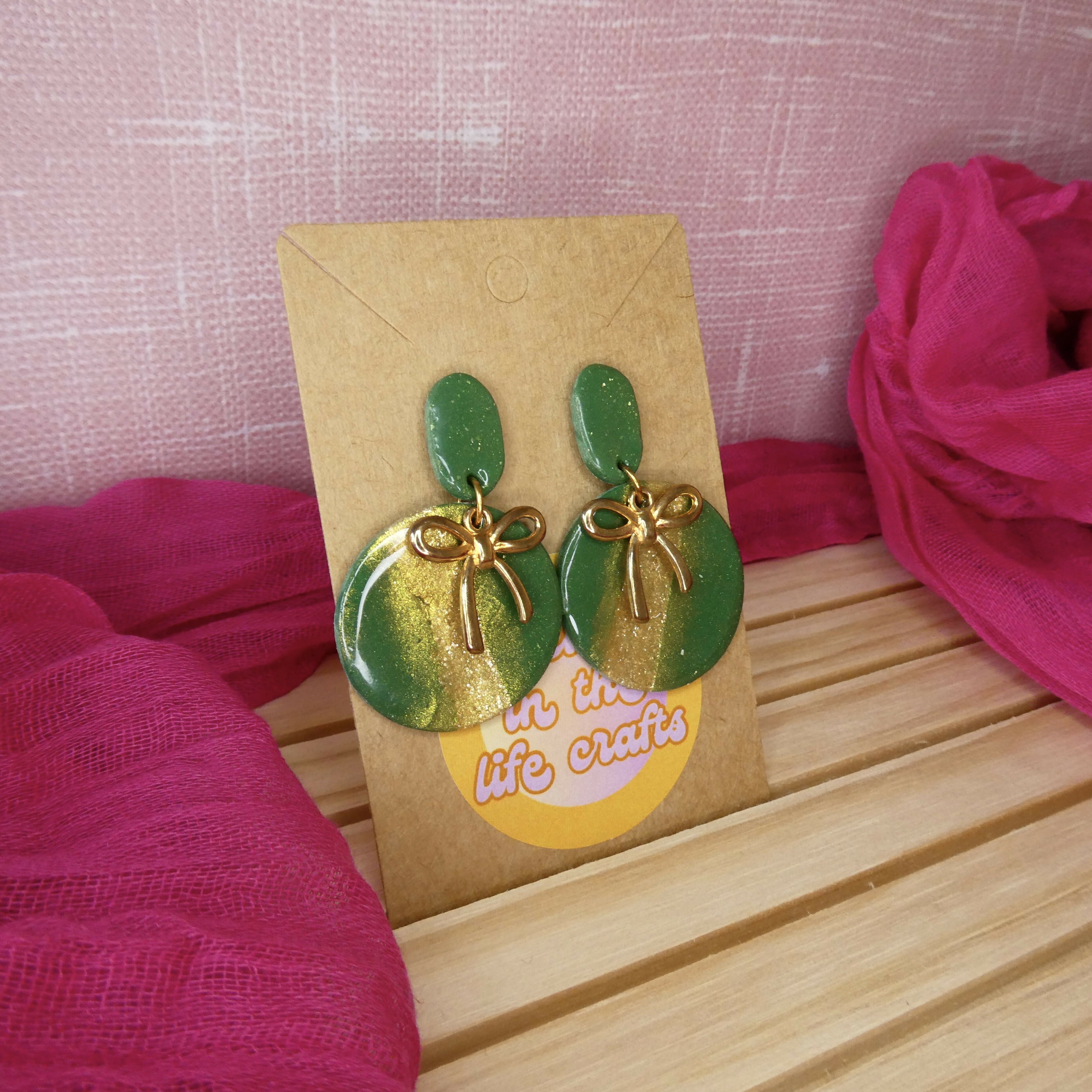 Forest Green Polymer Clay Earrings With Gold Bow Charm