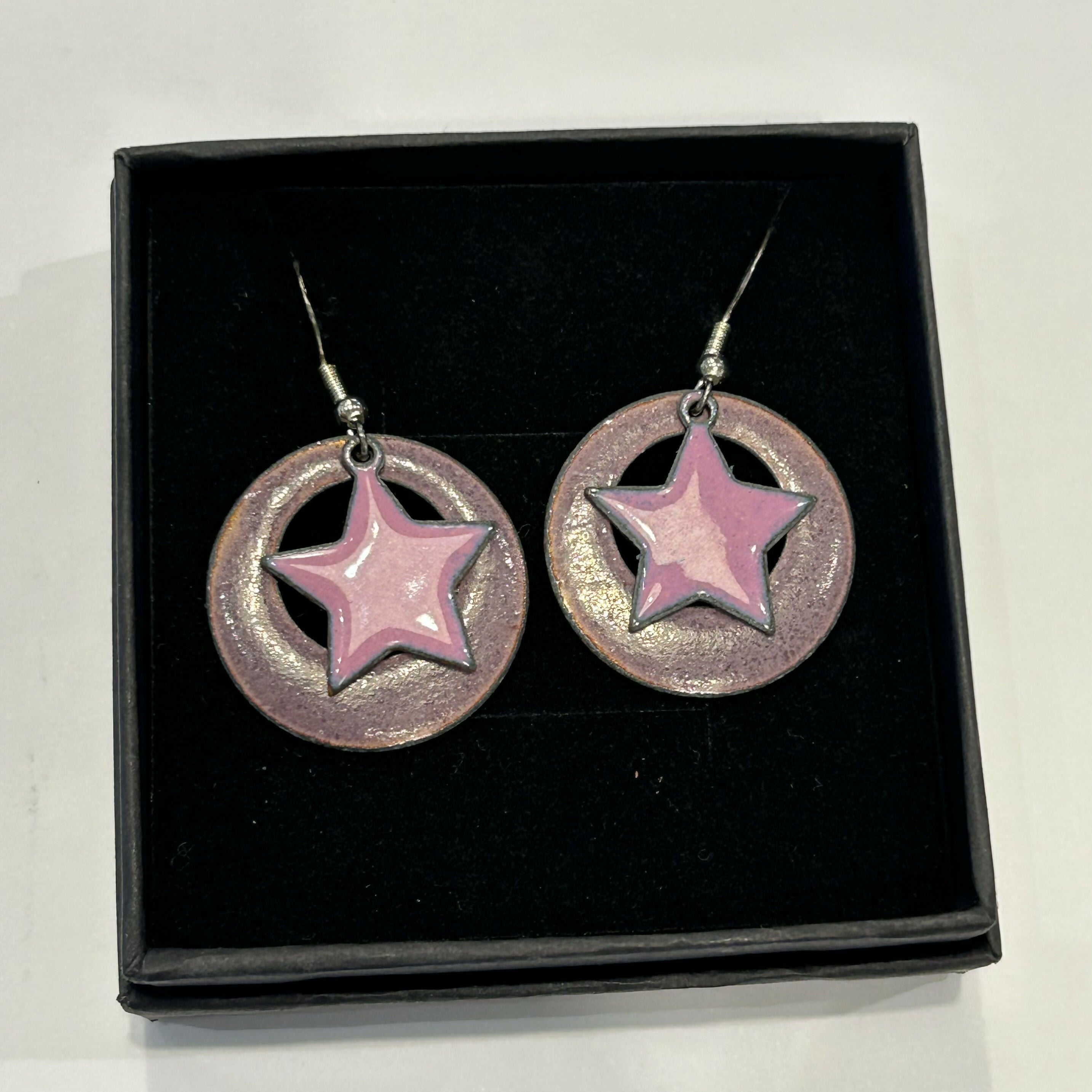 Pink Hoop Enamel Earrings with Pink Star