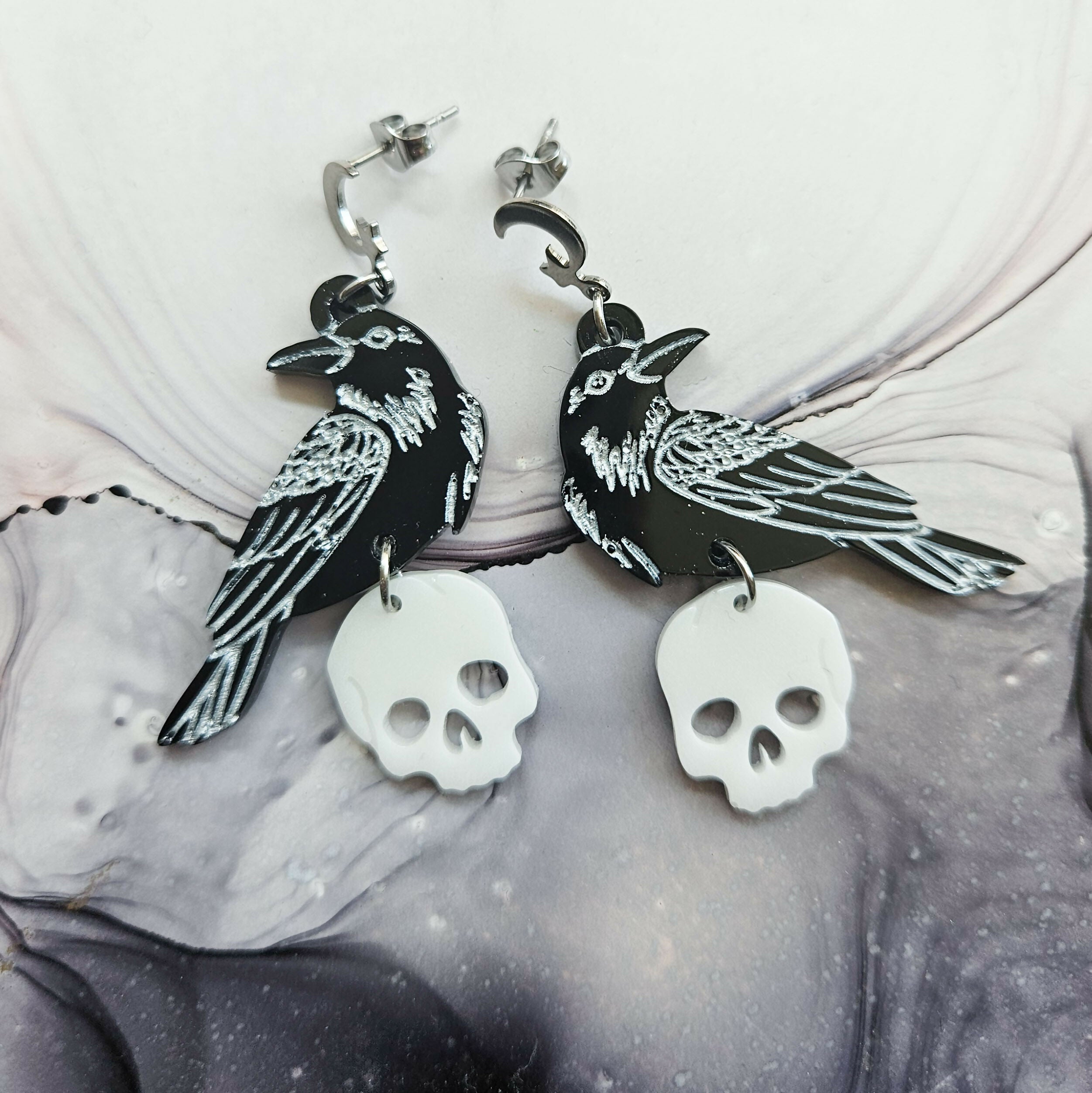 Handmade Ravens And Skull Resin Earrings