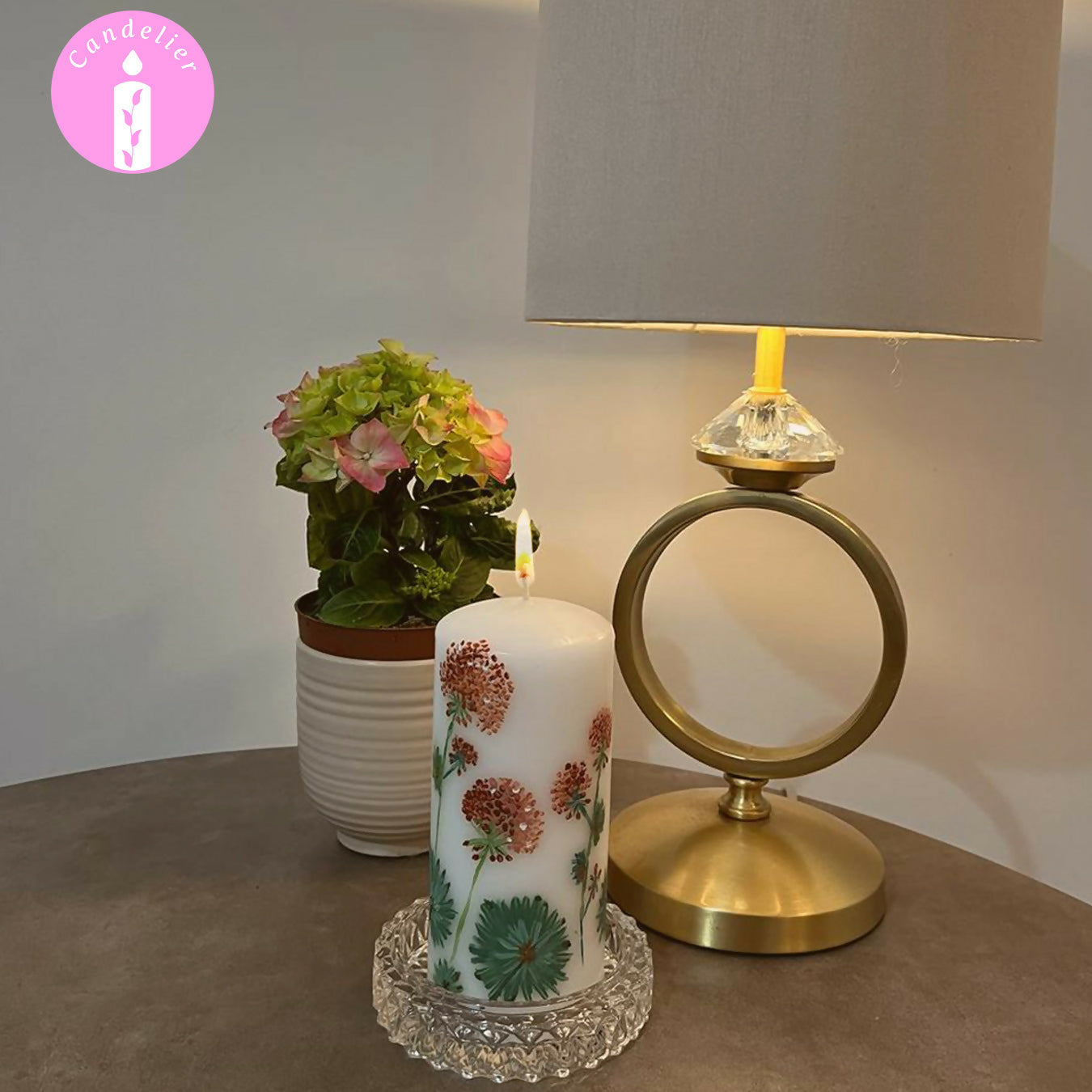 White Pillar Candle with Hydrangea Floral Design