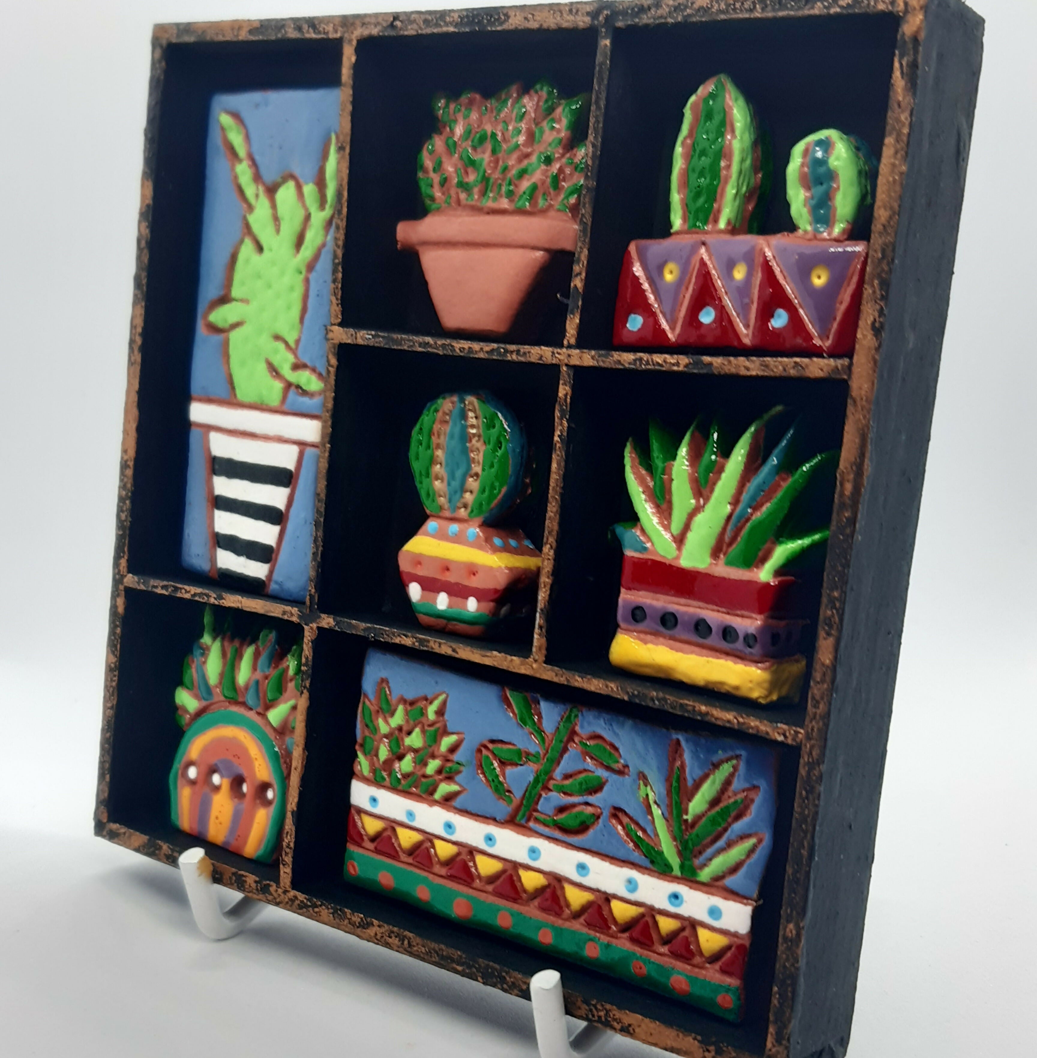 Clay Cacti, Succulent and Plant Small Wooden Black Painted Trinket Tray