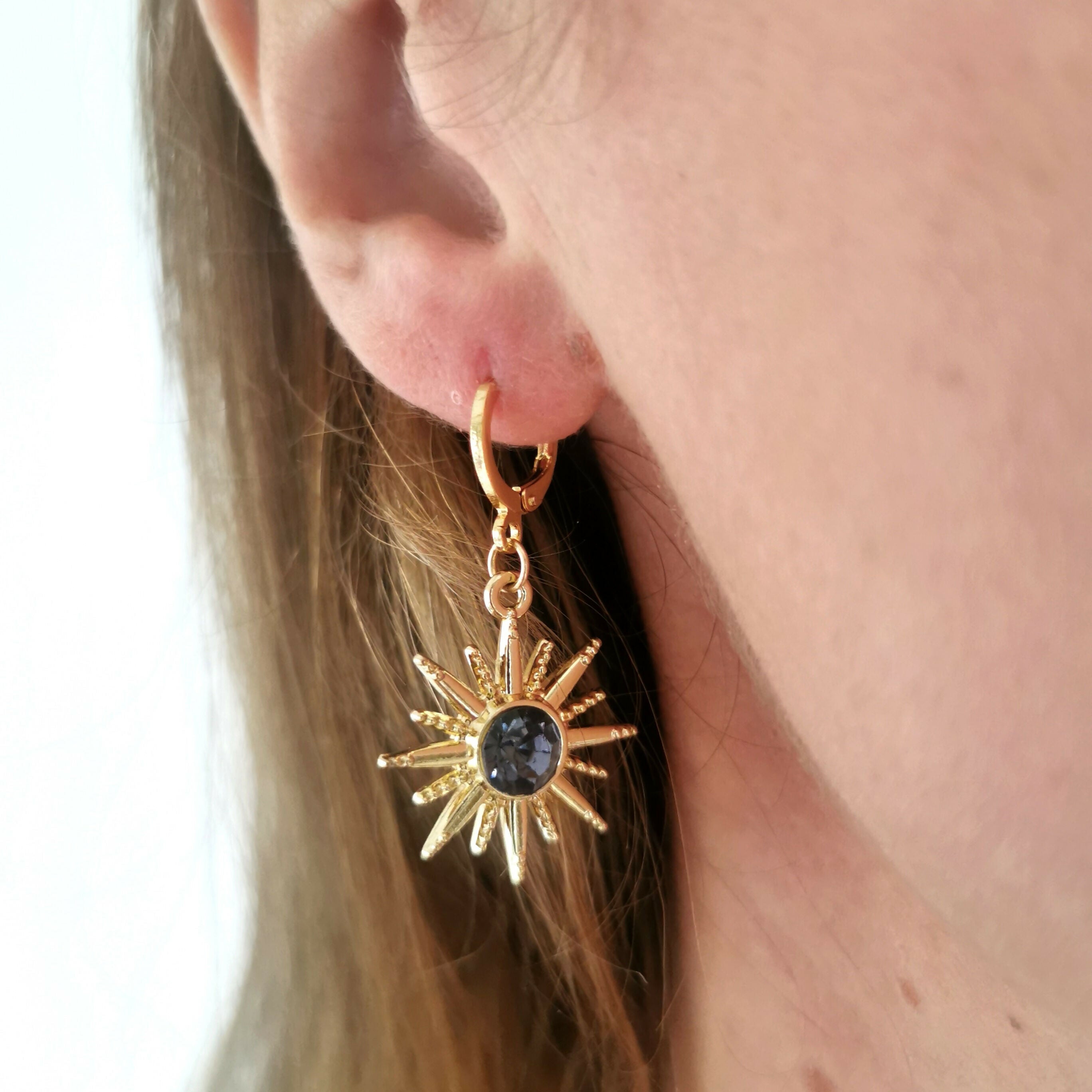 Gold Starburst Earrings with Deep Purple Glass Stone on Gold Plated Huggie