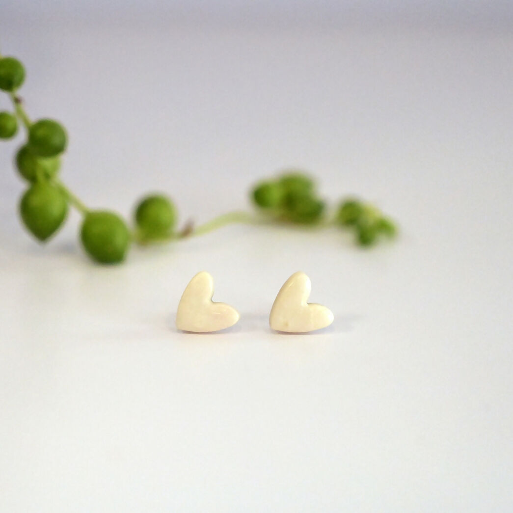 Ivory Satin Heart Stud Earrings - Handmade Polymer Clay - Polly Plant