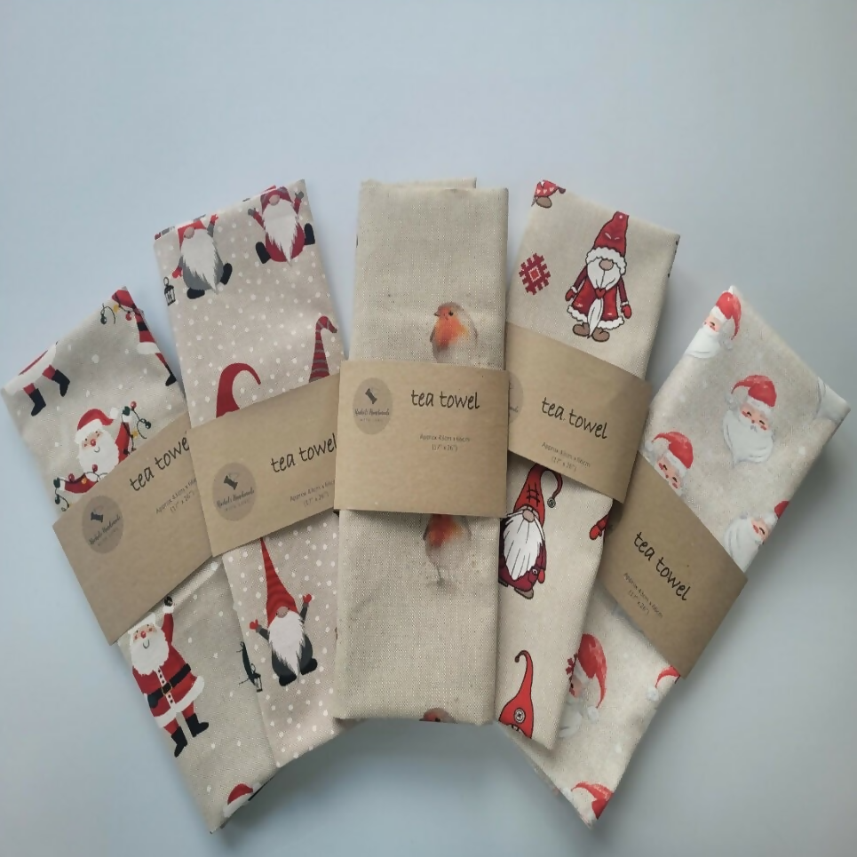 Christmas Gnome Print Tea Towel Handmade in the UK in Cotton Rich Linen