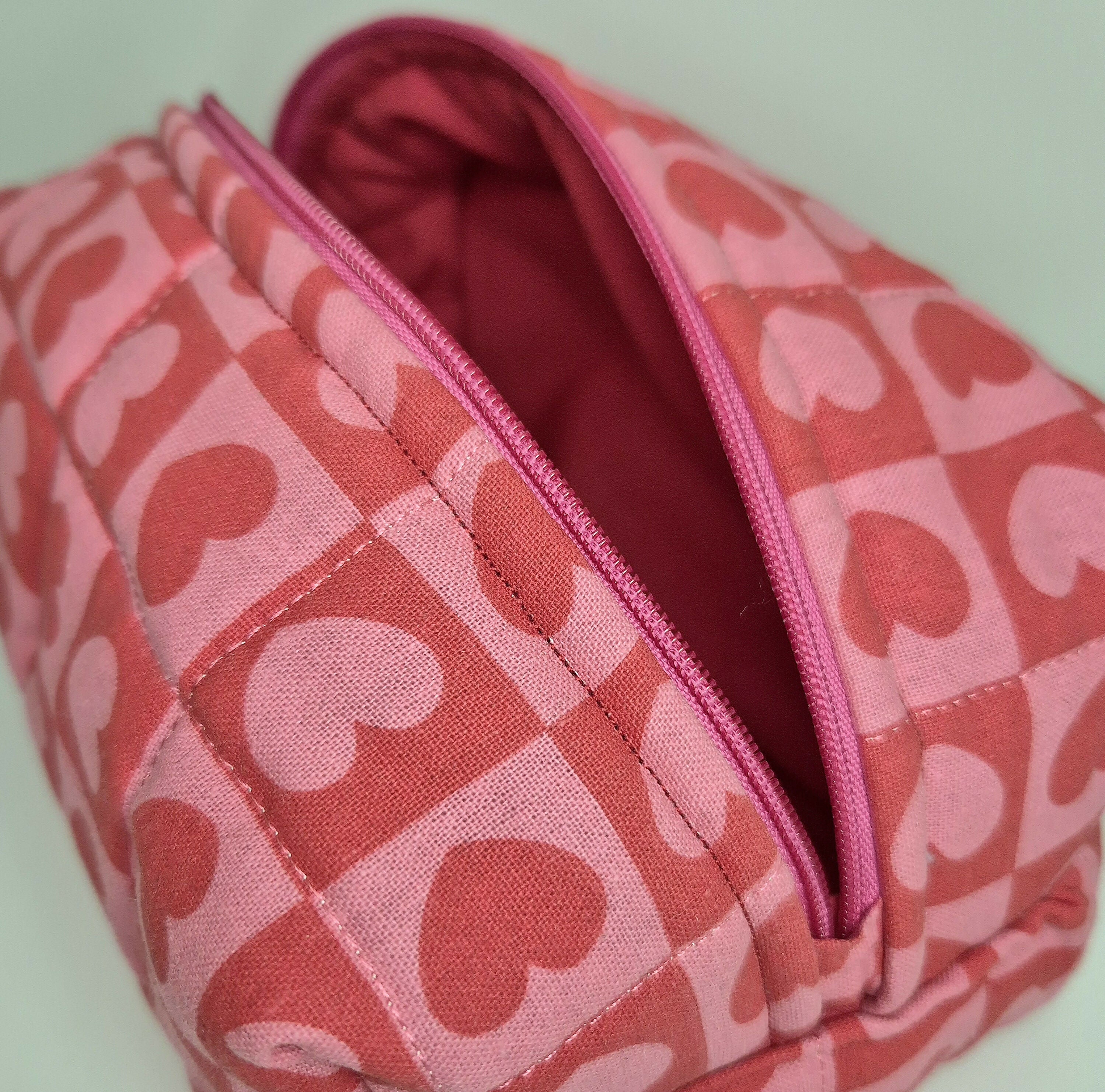 Quilted Cosmetic Makeup Bag With Hearts Theme