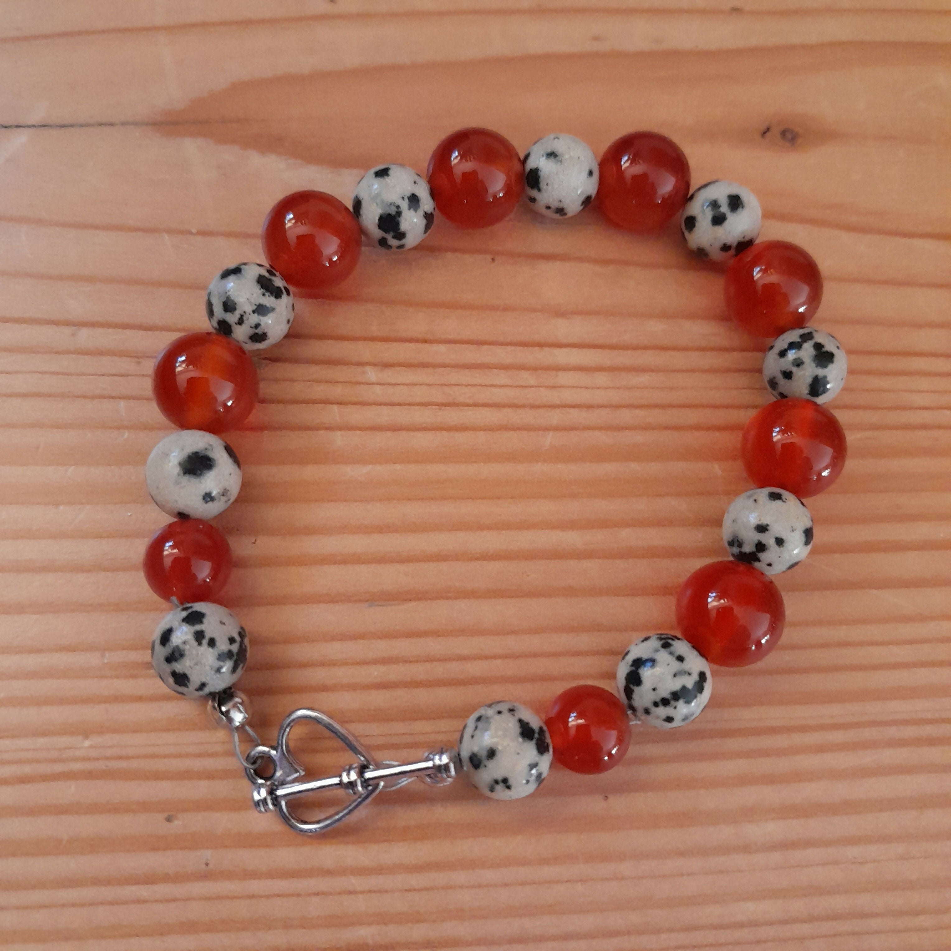 Tibetan Silver Toggle Catch Bracelet with Dalmatian Jasper & Carnelian