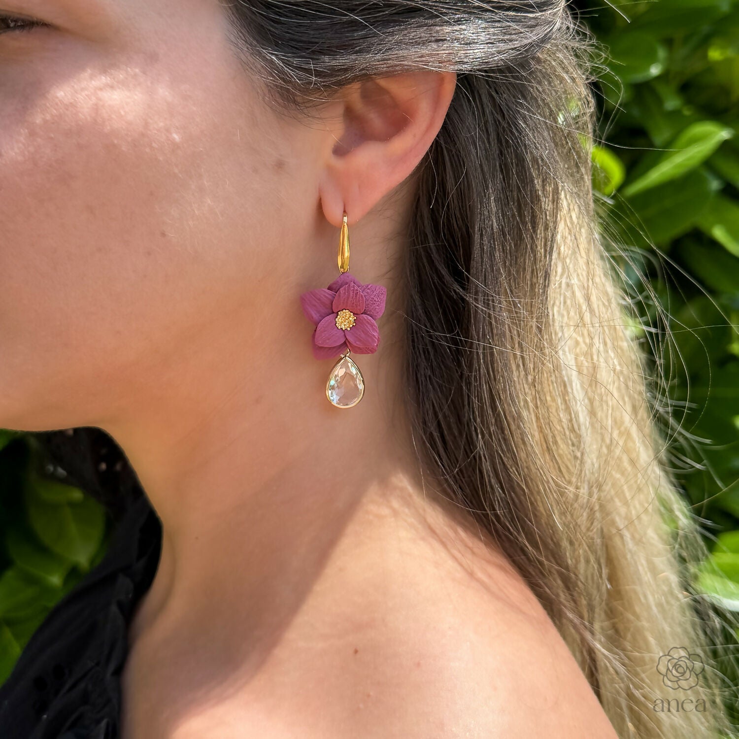 Rose Pink Flower Drop Earrings with Teardrop Crystal Detail