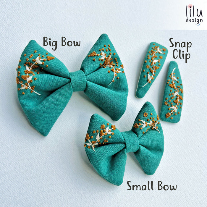 Embroidered Hair Bow - Turquoise