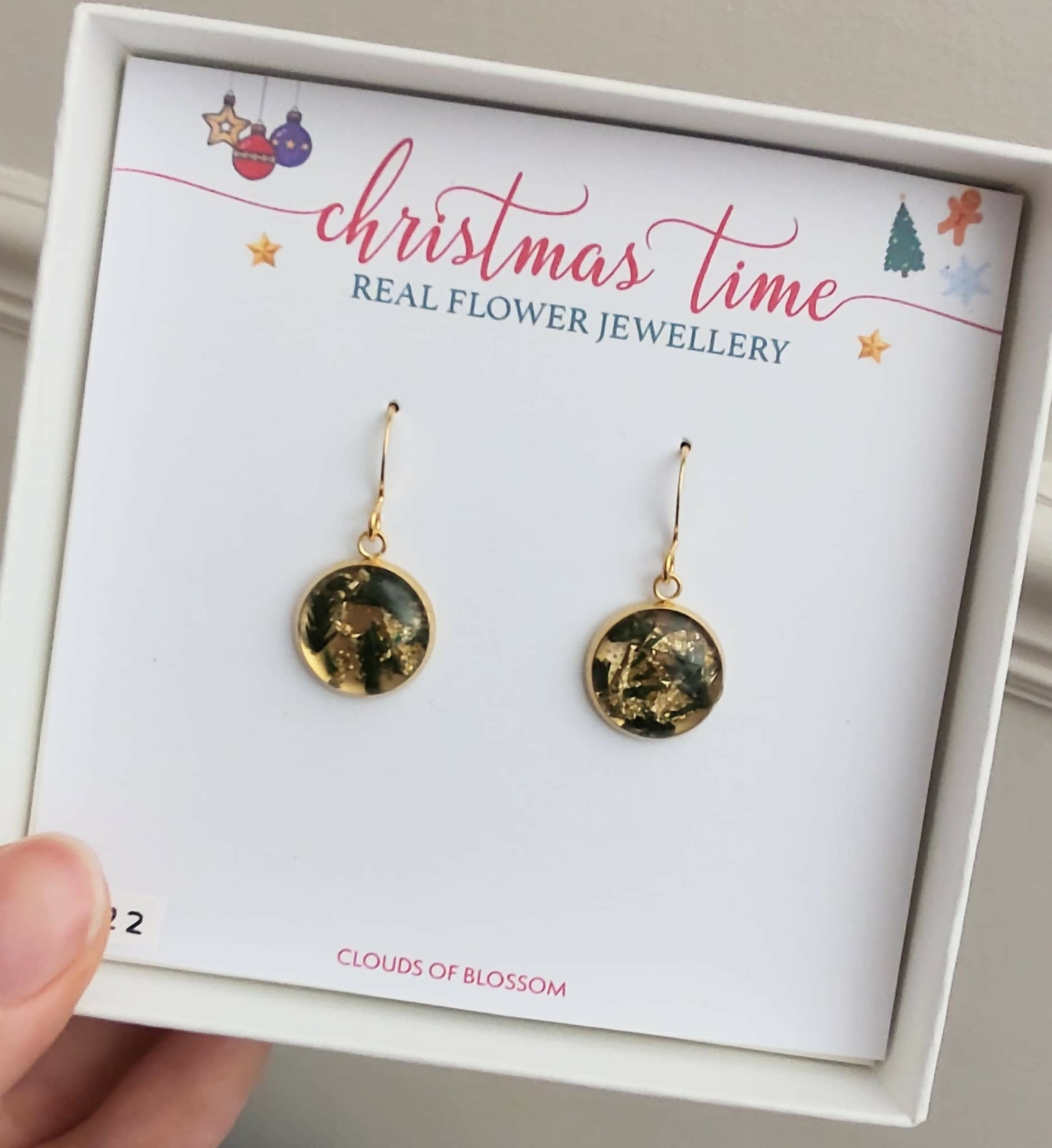 Real Christmas Tree Leaf Earrings Gold Plated