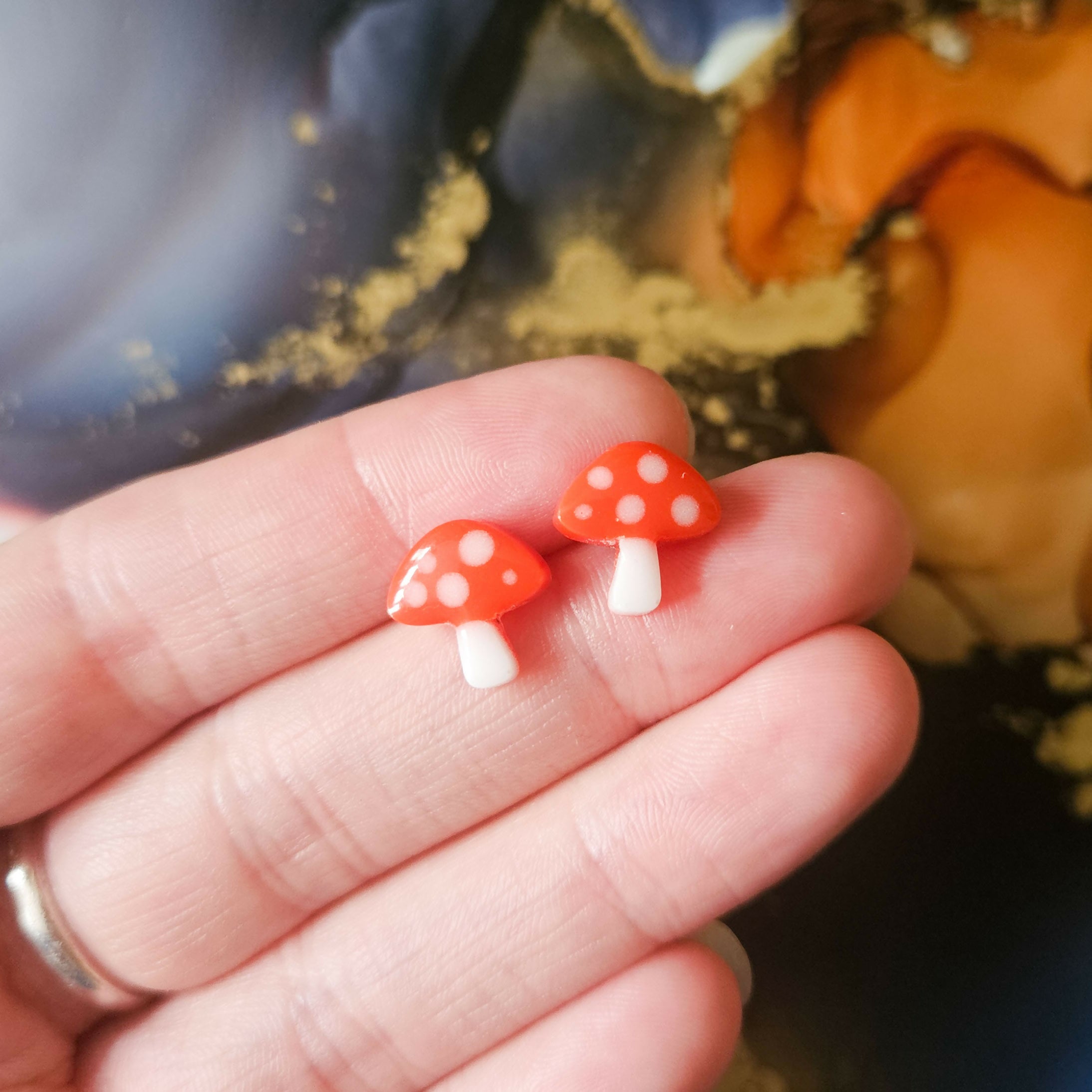 Handmade Orange Toadstool Mushroom Resin Stud Earrings