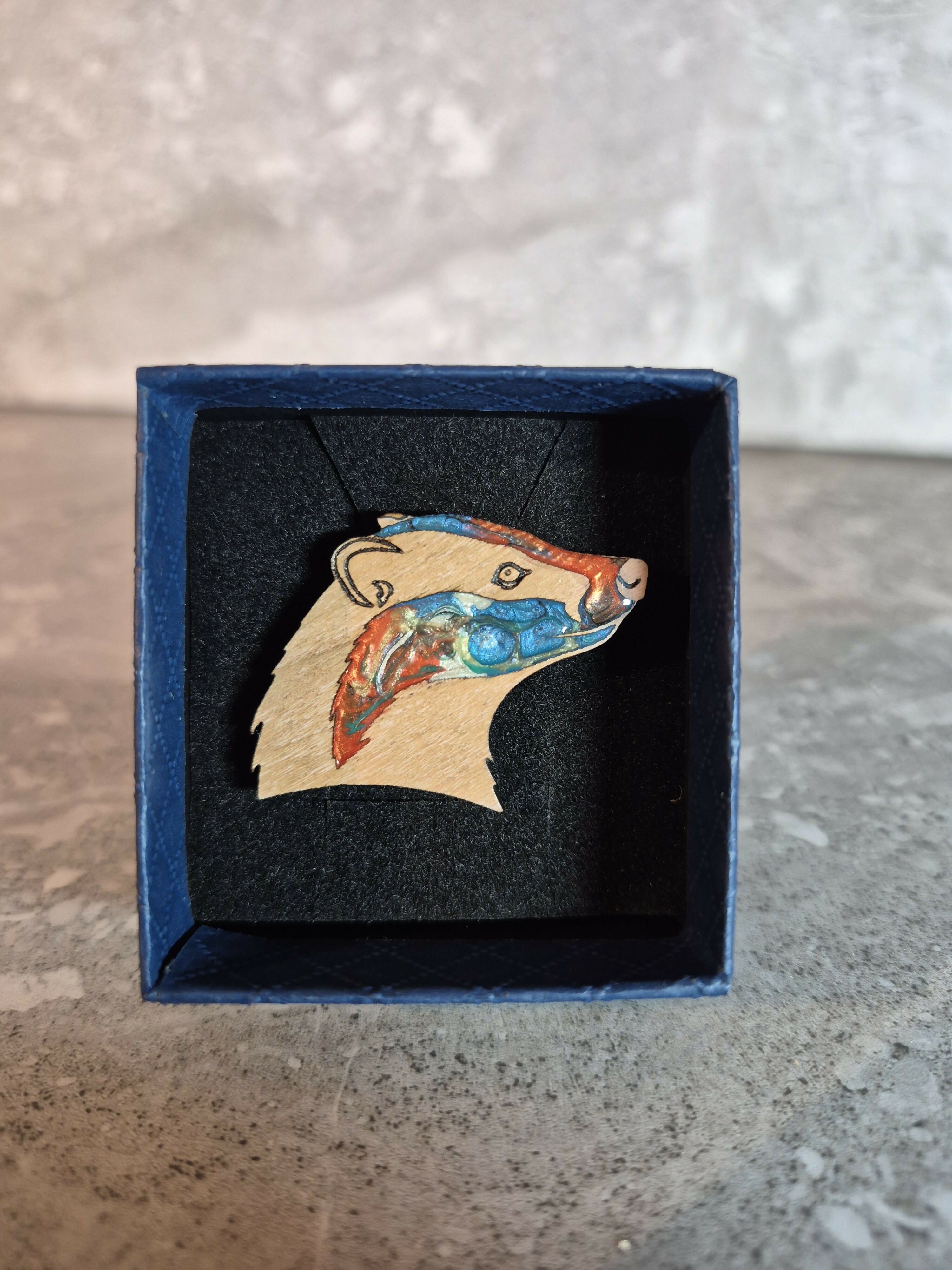 Handcrafted Cherry Veneer Badger Head Pin