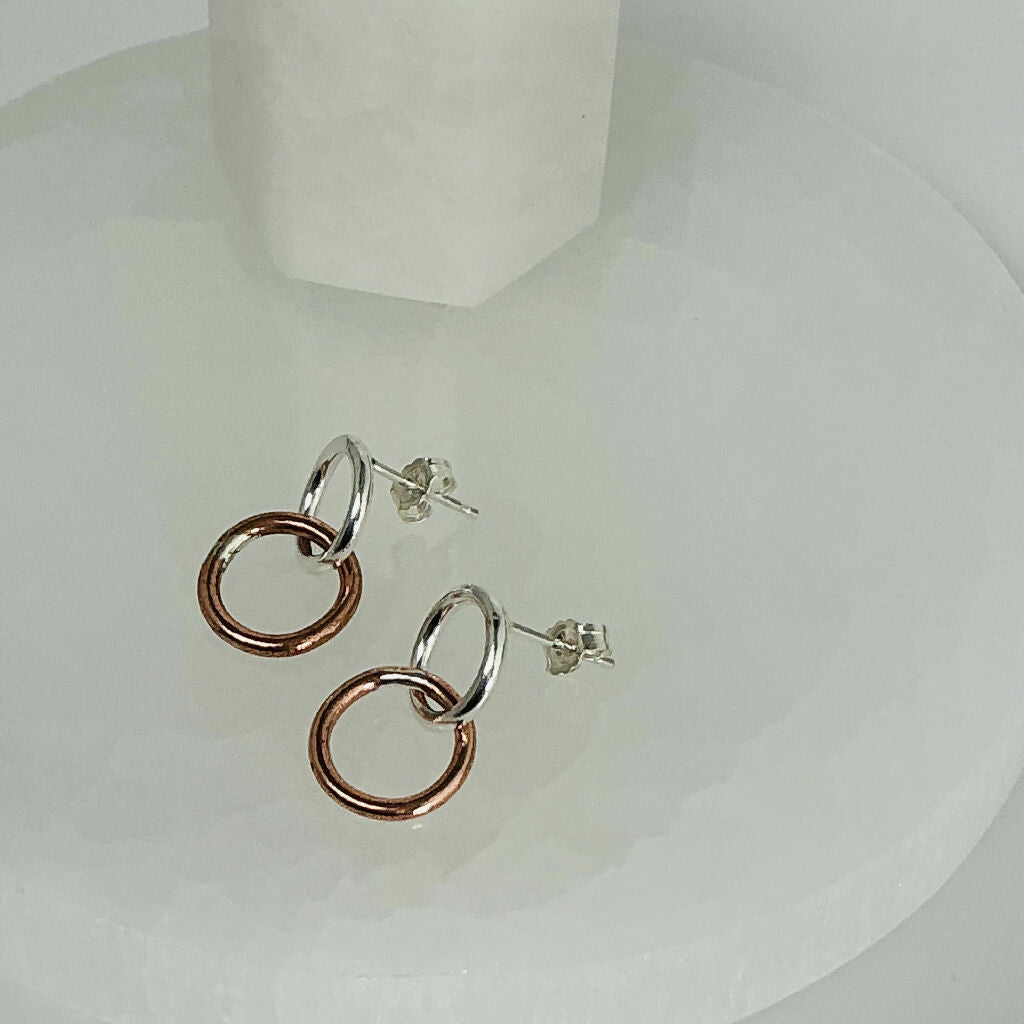 Sterling Silver and Copper Double Circle Drop Earrings