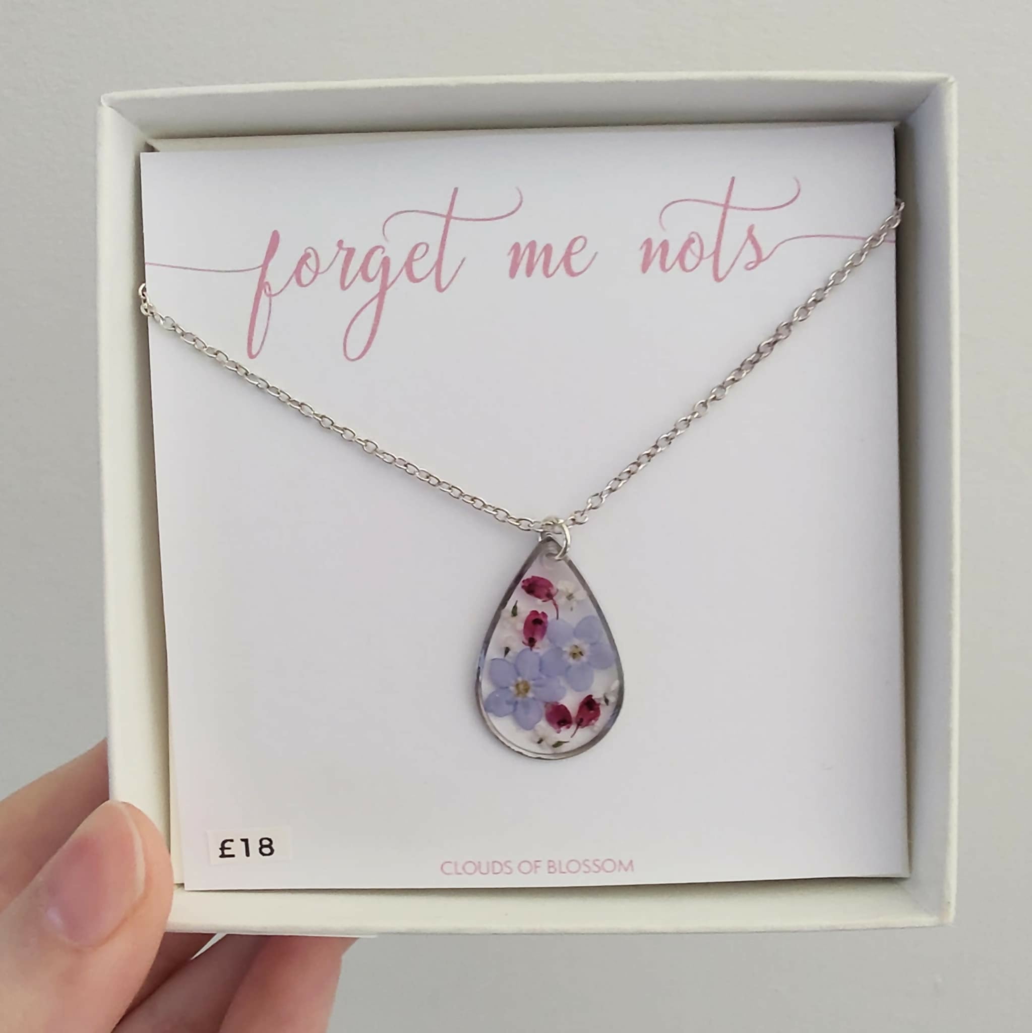Forget Me Not Teardrop Necklace Silver Plated