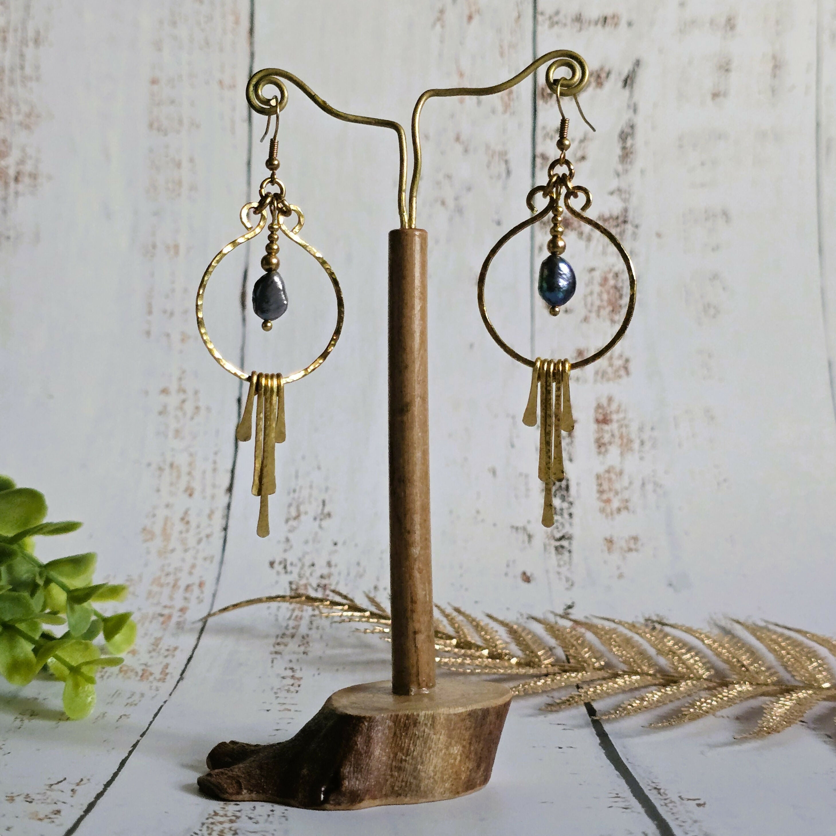 Black Pearl Gold Wire Earrings; Freshwater Baroque Natural Pearl Hammered Brass wire Hoop Dangly Earrings
