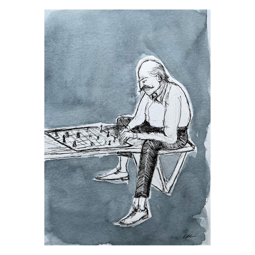 Chess Player Art Print | Monochrome Watercolour Portrait Print