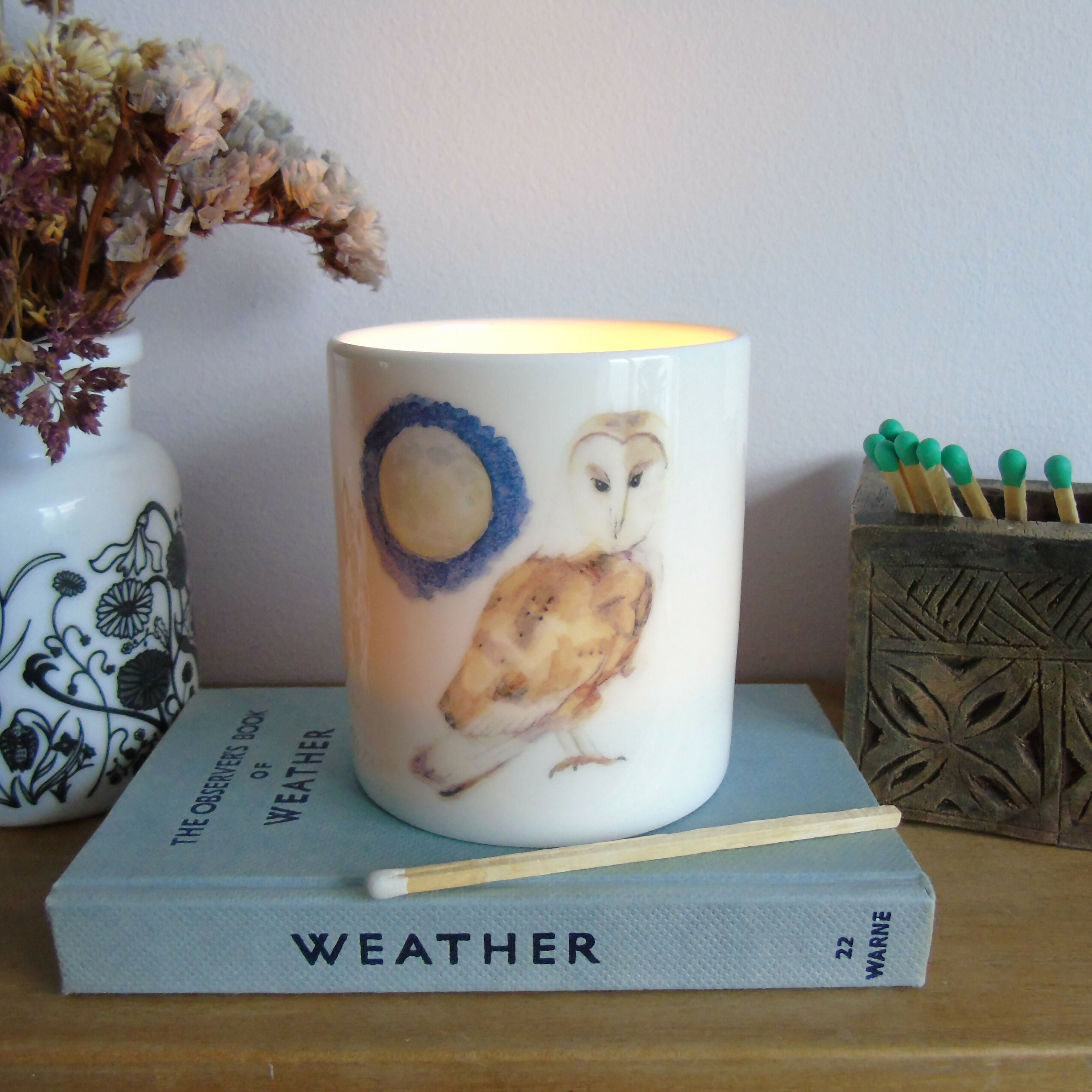 Barn owl and Moon Bone China Candle Holder