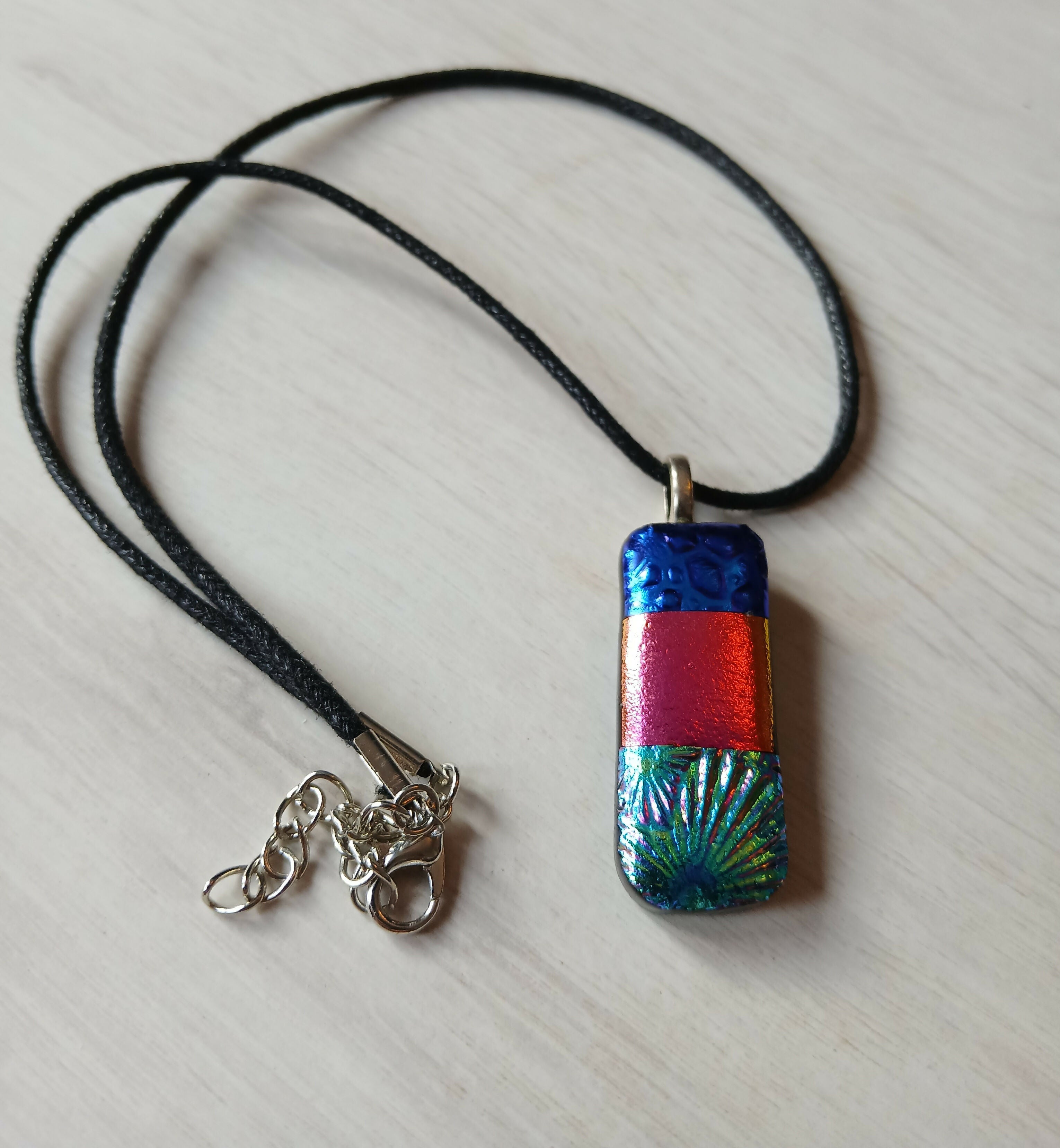 Fused Dichroic Glass Rectangular Pendant With a Cord Necklace (Blues and Pink)