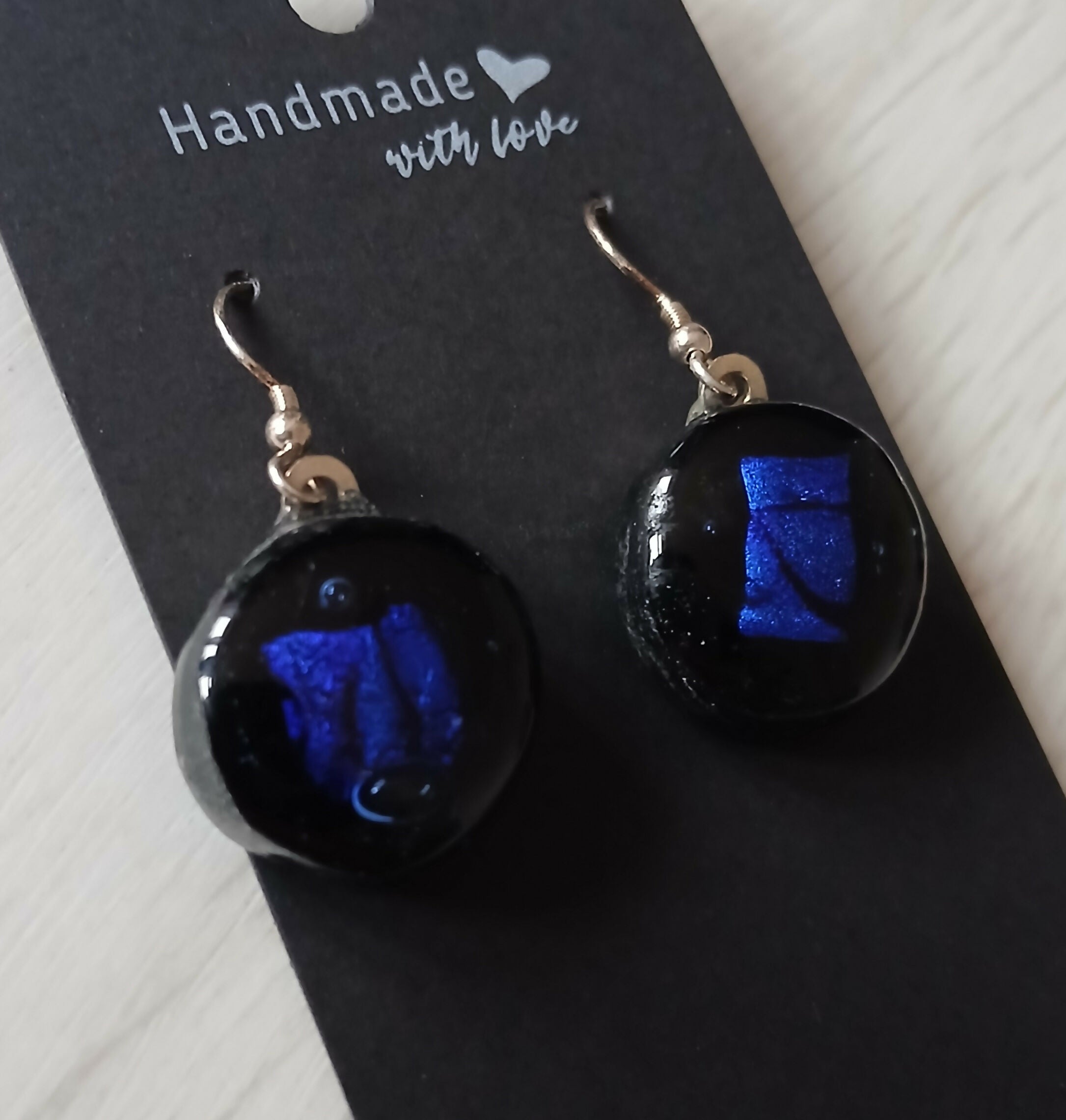 Fused Dichroic Glass Round Earrings in Blue and Black with Sterling Silver Hooks