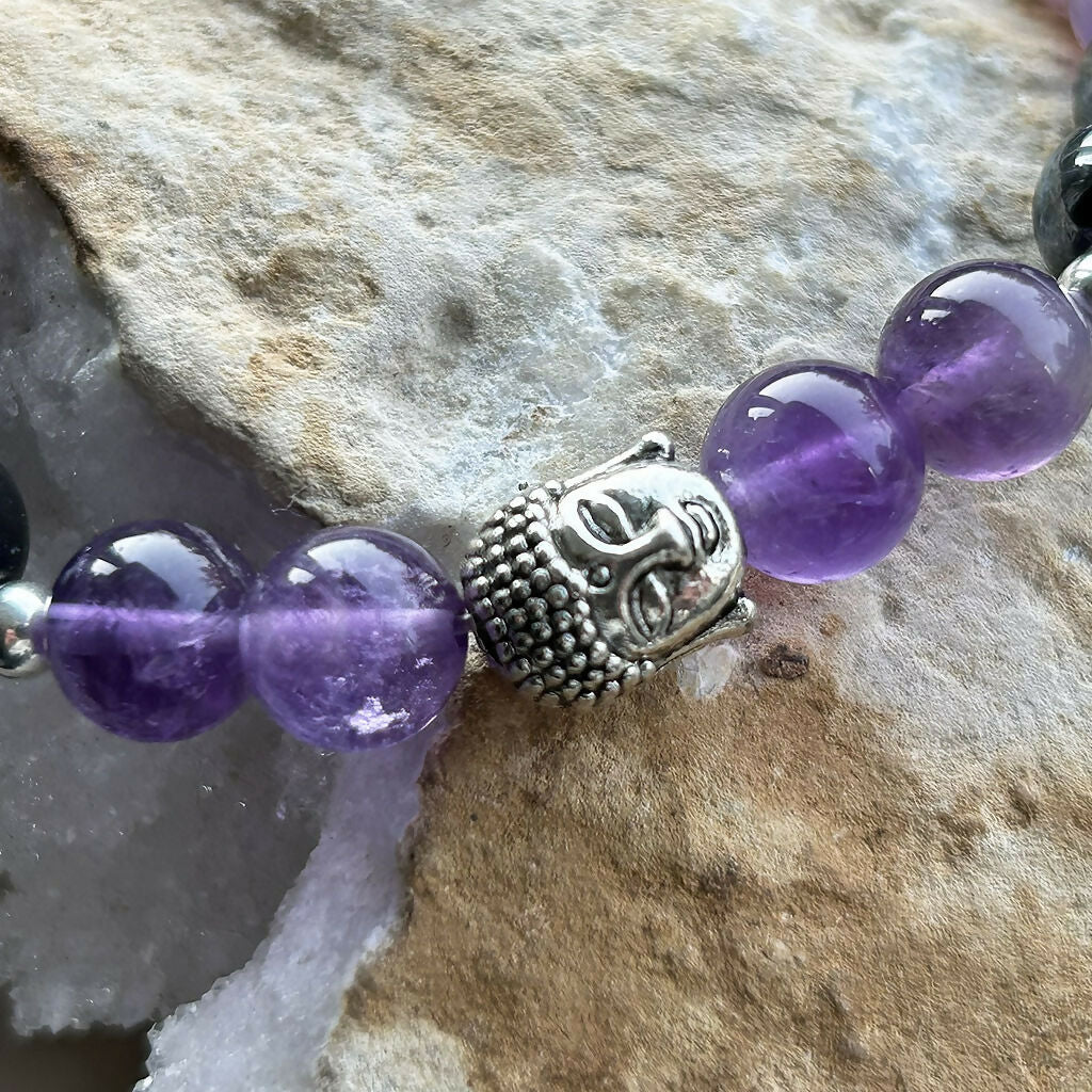 Men's Handmade Sterling Silver Amethyst And Hematite Buddha Bracelet