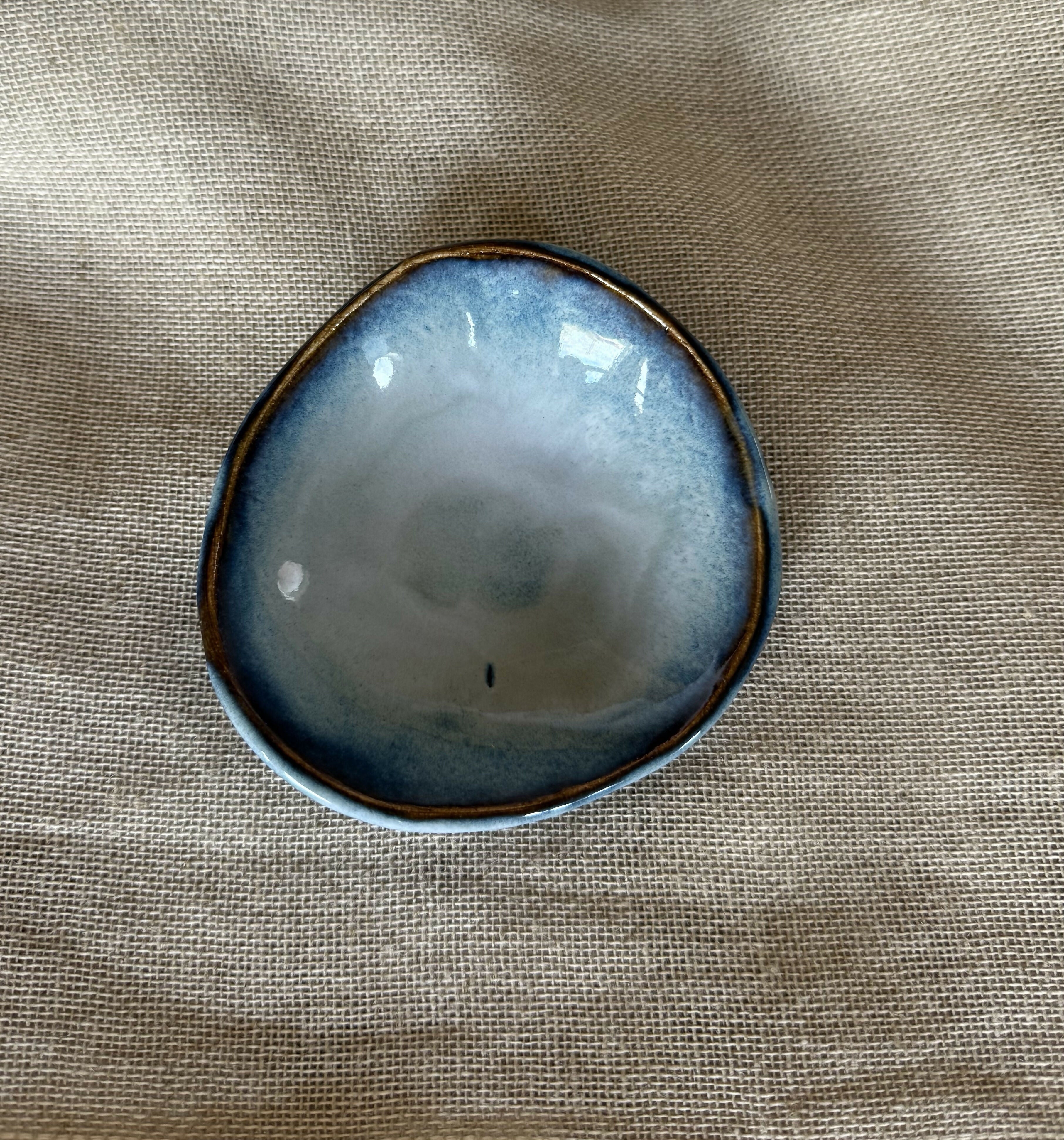 Mini Ceramic Dish – Midnight Blue with Soft Green Glaze Bloom