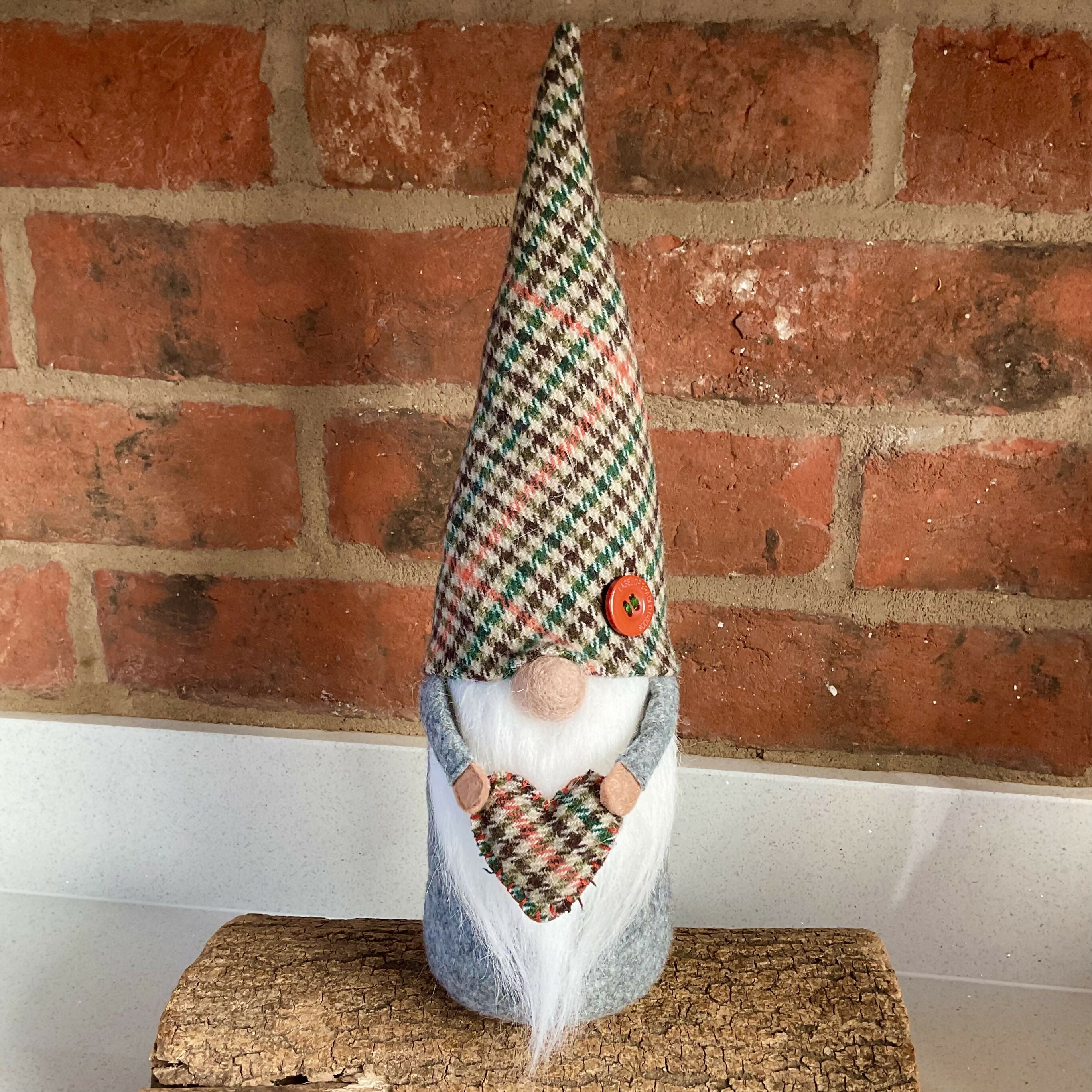 Autumnal Gnome Decoration, a Handmade Gonk with a Wool Tweed Checked Hat and Holding a Matching Heart