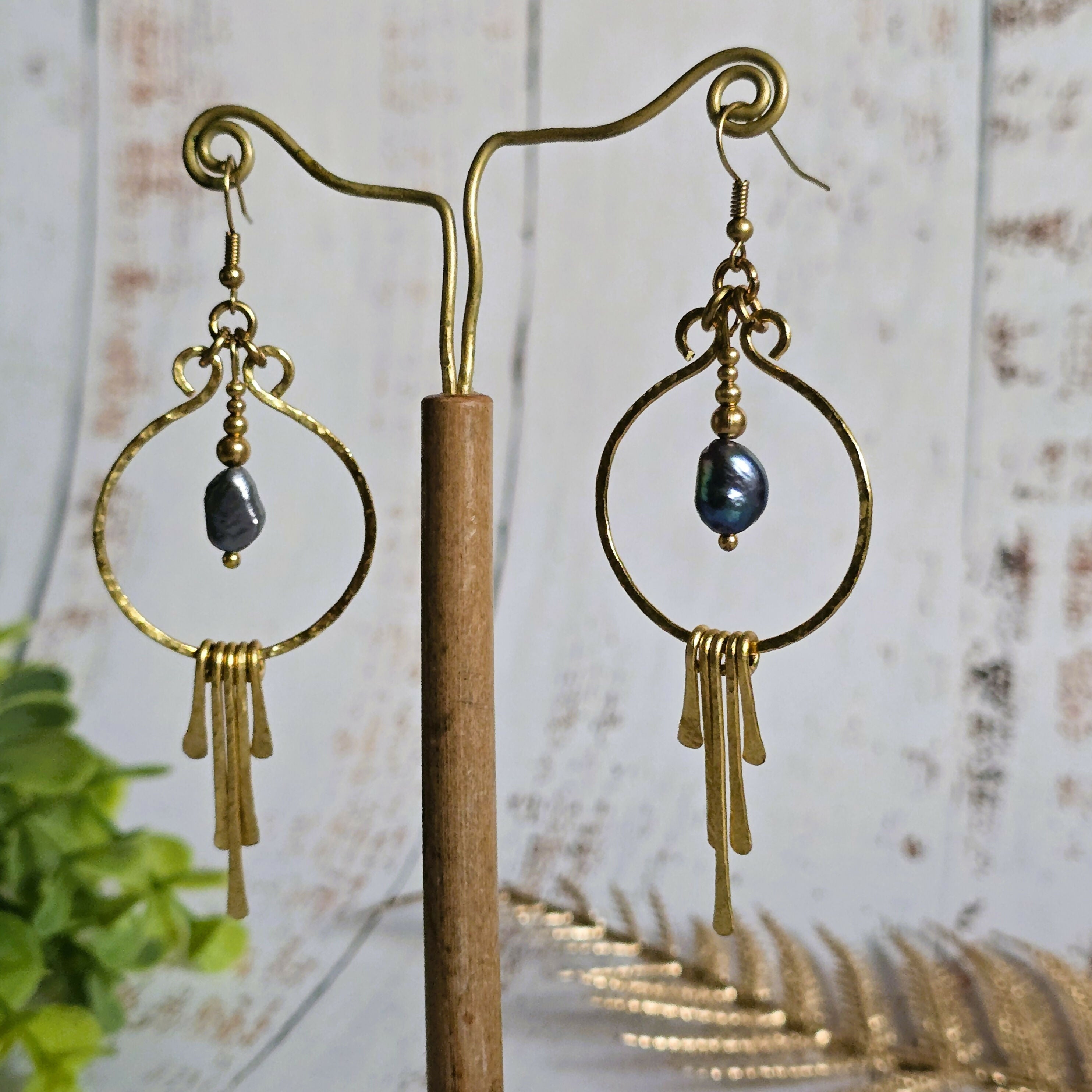 Black Pearl Gold Wire Earrings; Freshwater Baroque Natural Pearl Hammered Brass wire Hoop Dangly Earrings
