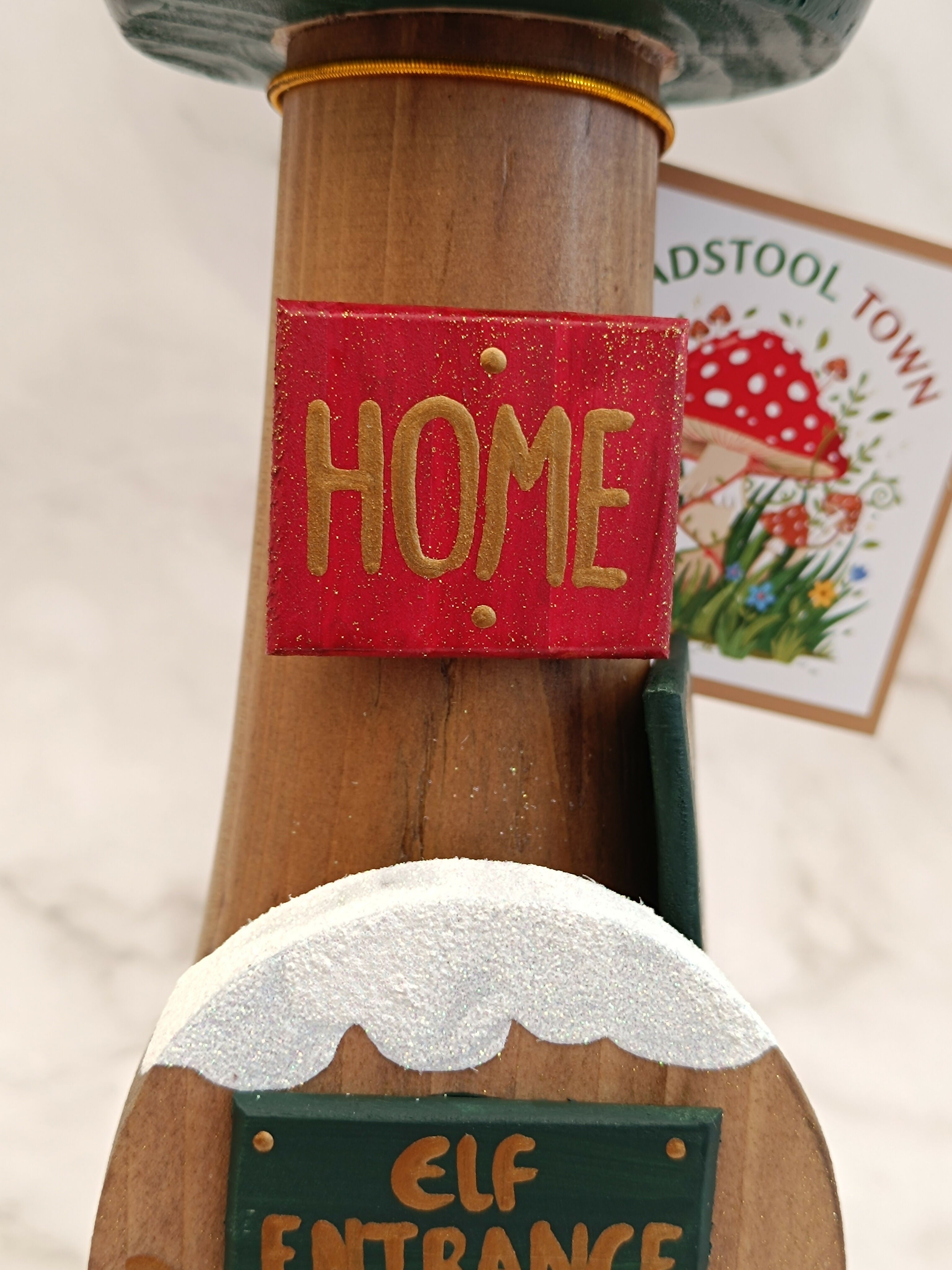 30cm Green Handmade Free Standing Painted Wooden Rounded Topped Toadstool Elf House - Whimsical Woodland Ornament & Holiday Keepsake