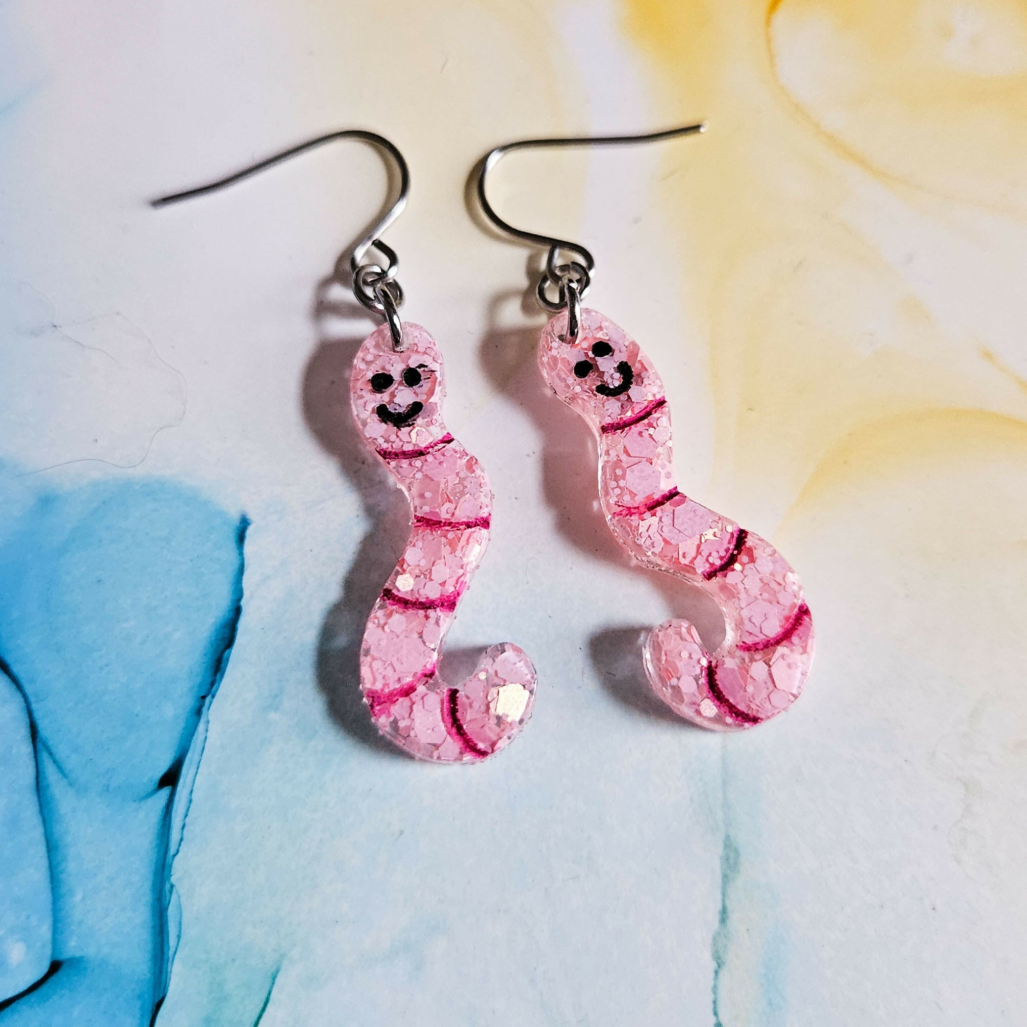 Handmade Pink Glitter Worms Resin Earrings