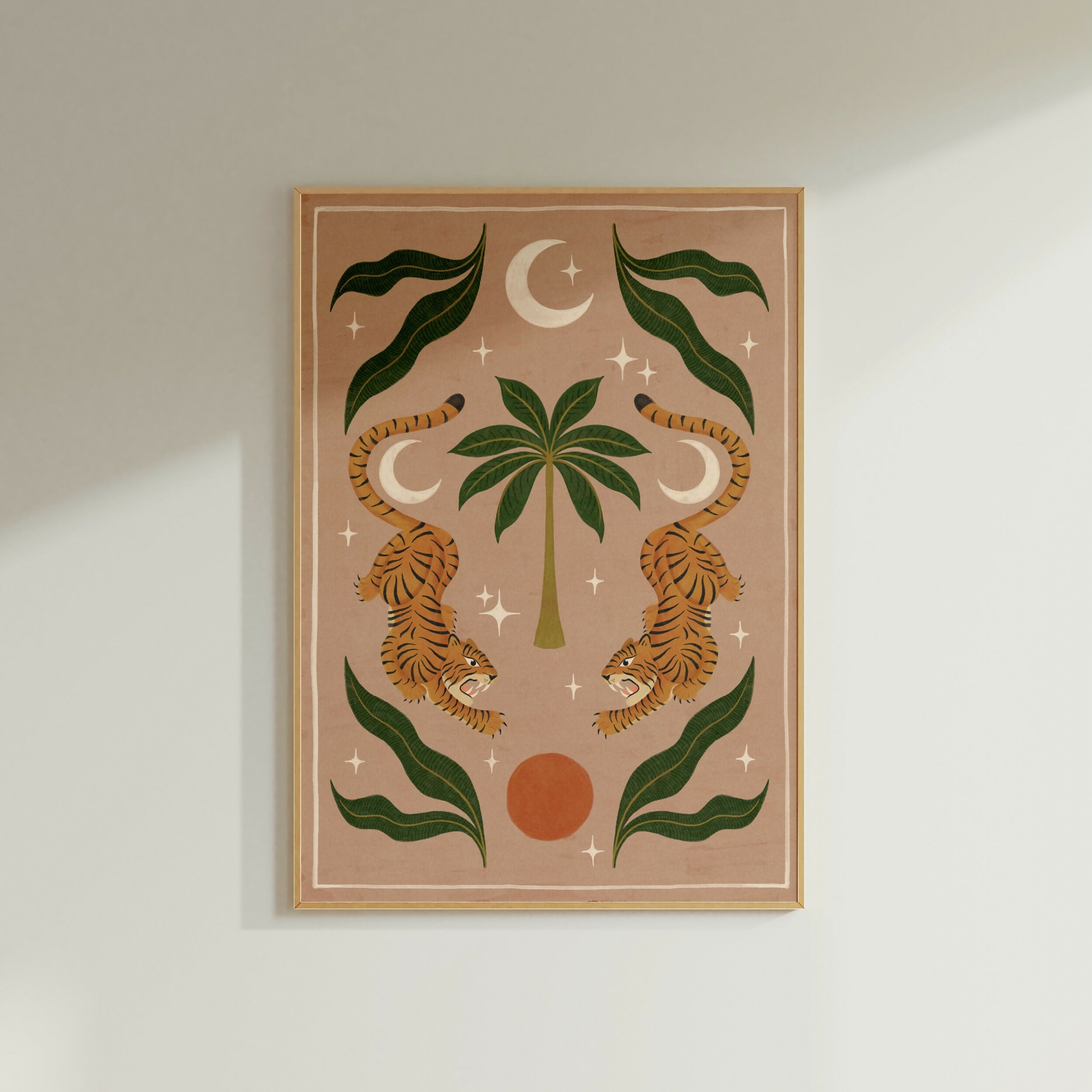 Tiger Art Print, Boho Tropical Wall Art, Symmetrical Tiger Illustration Sun Moon Decor (A3)