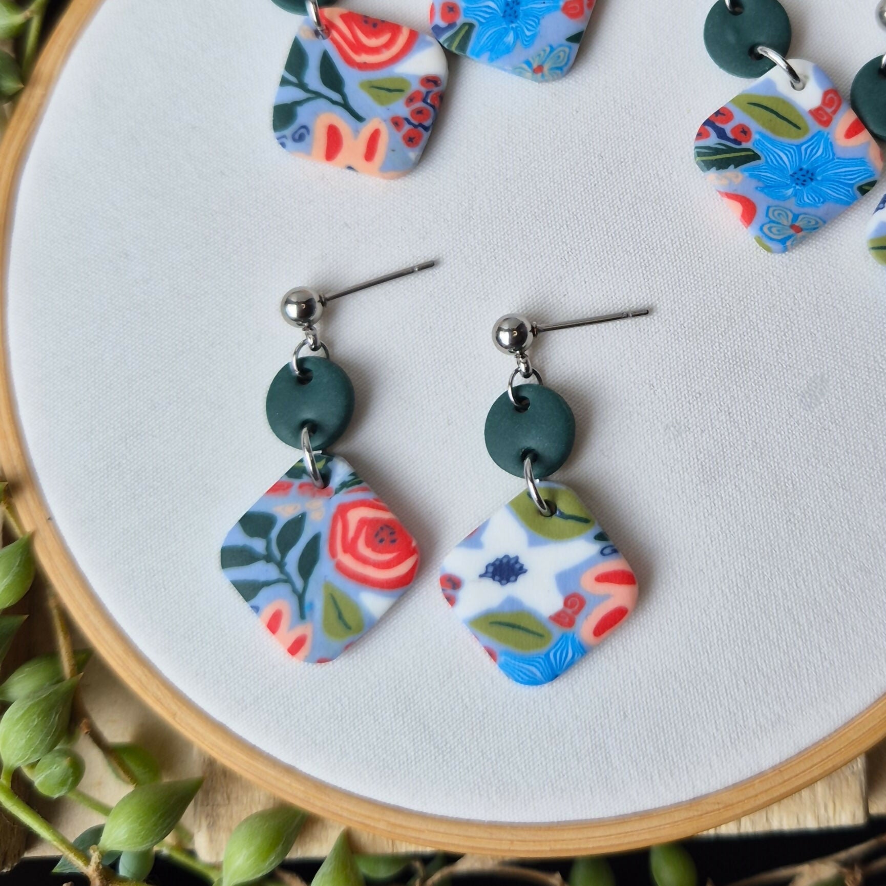 Rose Botanic Millefiori Circle And Square Earrings