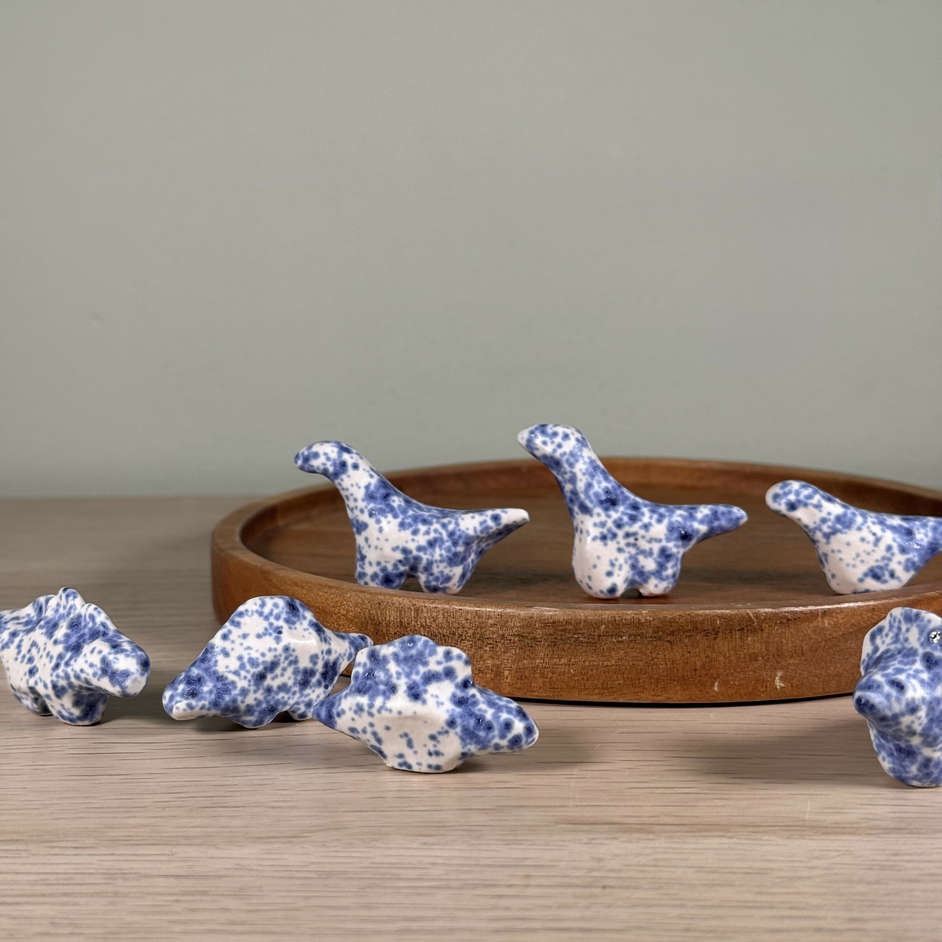 Tiny Blue and White Speckle Dinosaur, Handmade from Stoneware Ceramic
