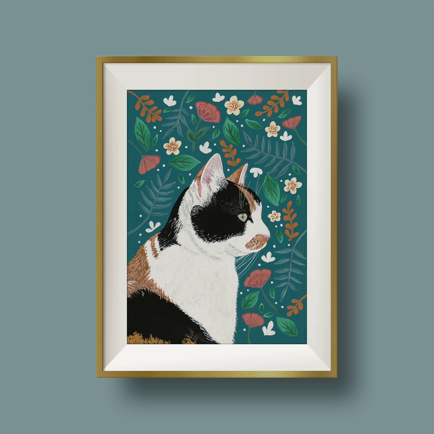 Calico Cat Floral Art Print A4
