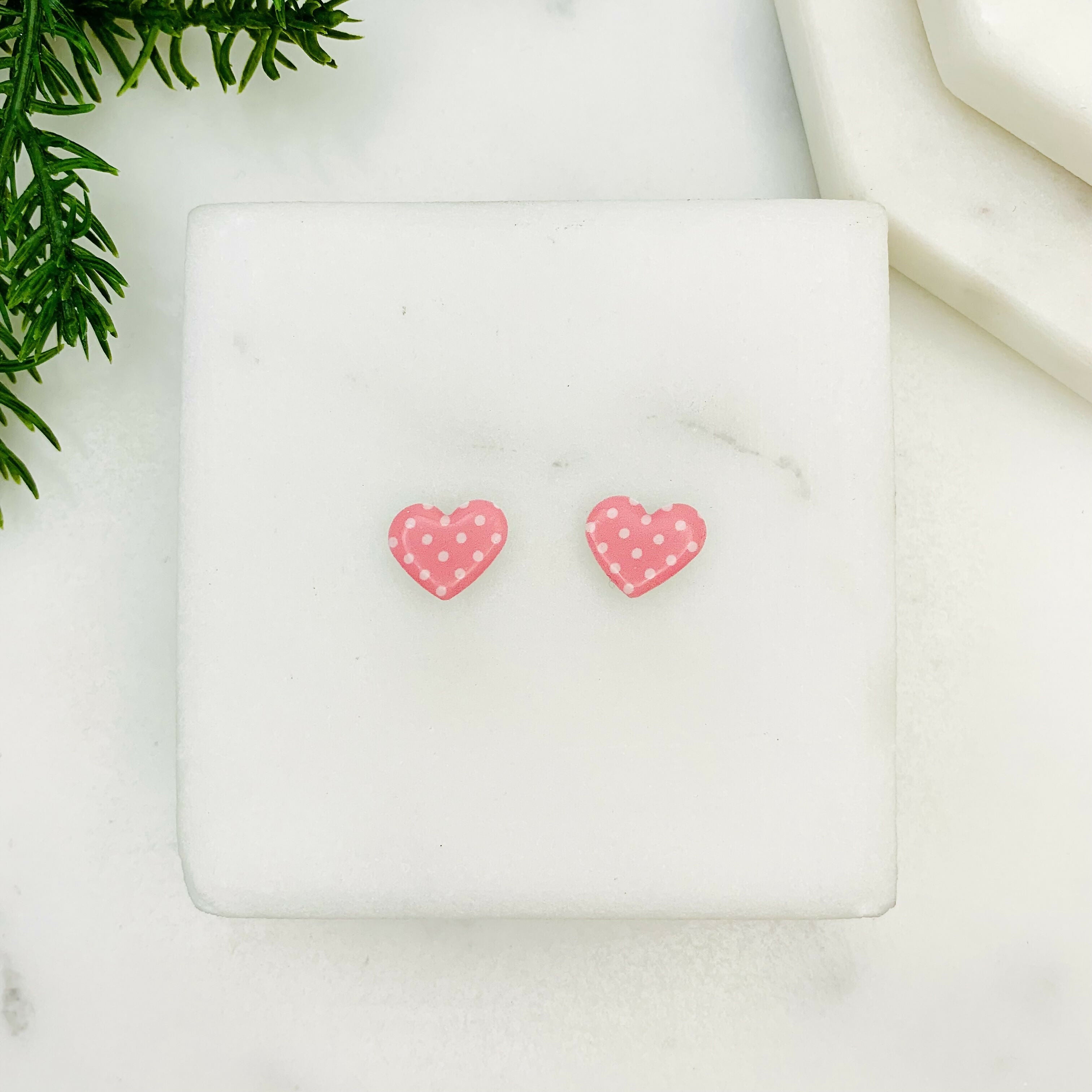 Pink Polka Dot Heart Stud Earrings