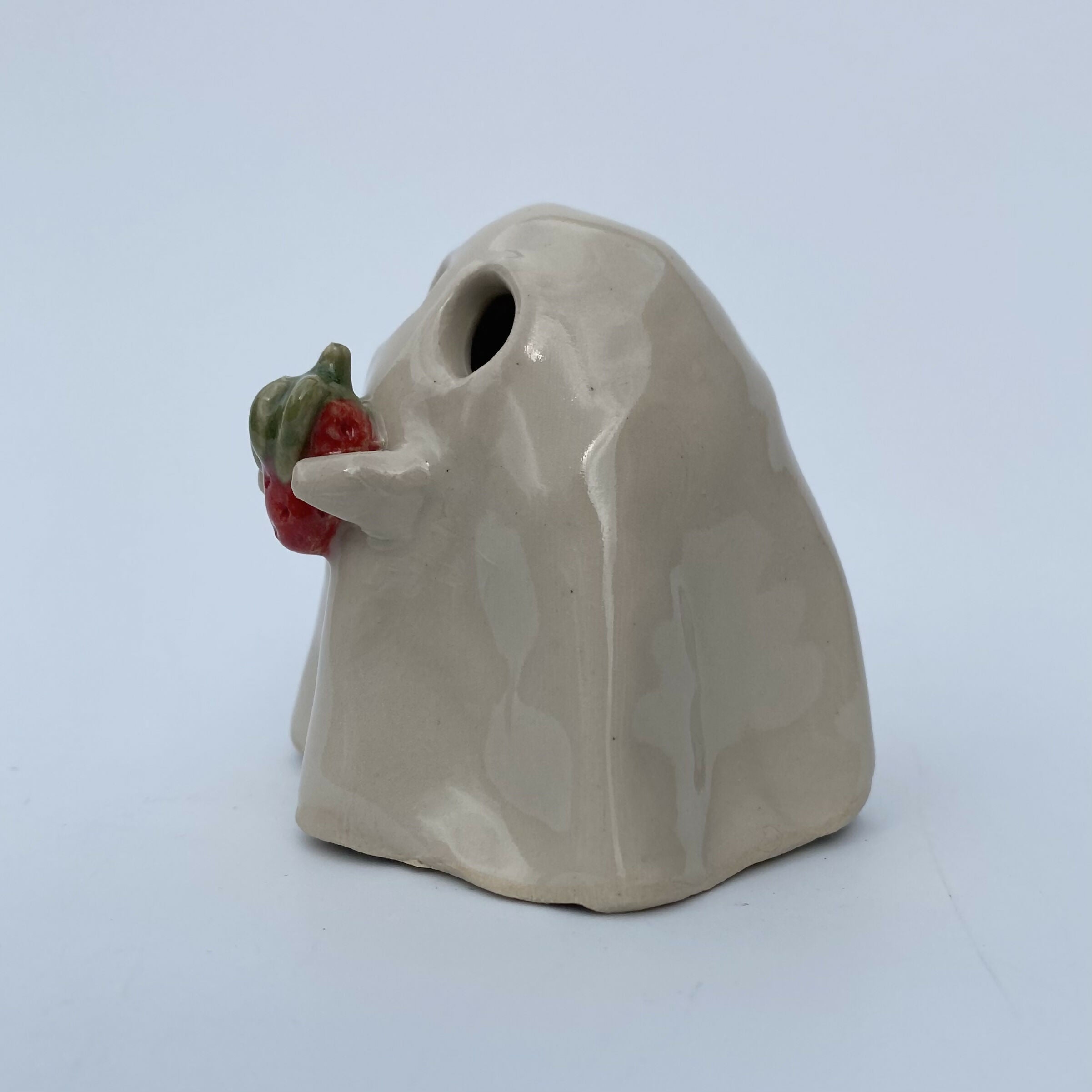 Handmade Ceramic Ghost Ornament Holding A Strawberry