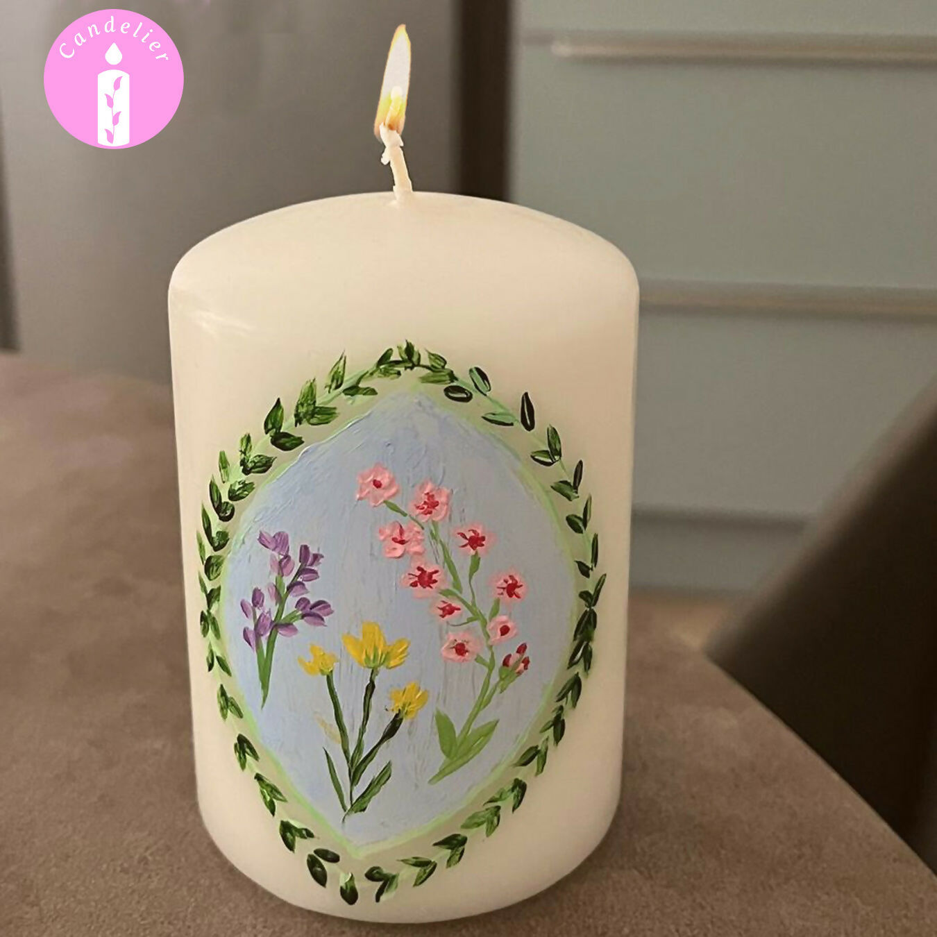 White Candle with Floral Hand Painted Design