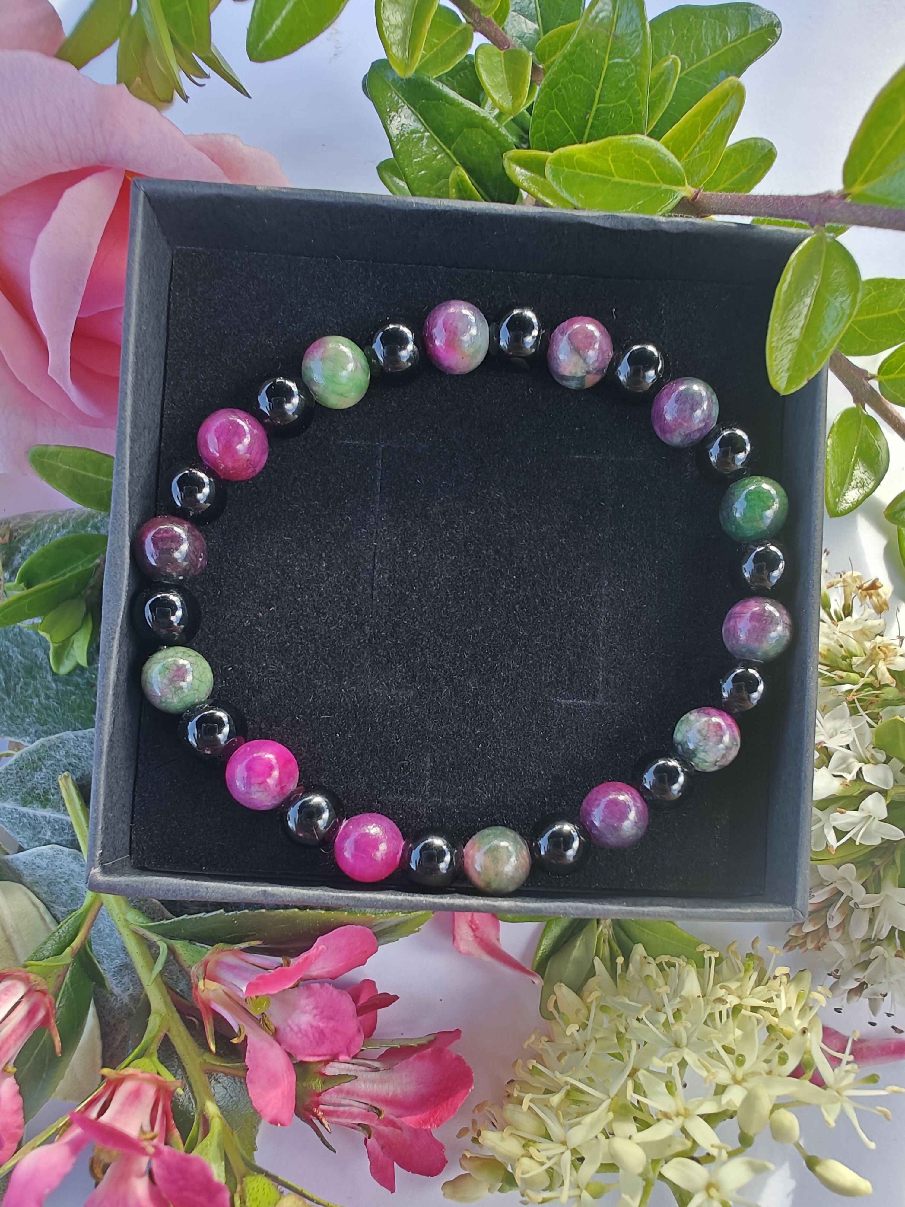 Tourmaline Jade and Black Agate Crystal Bracelet