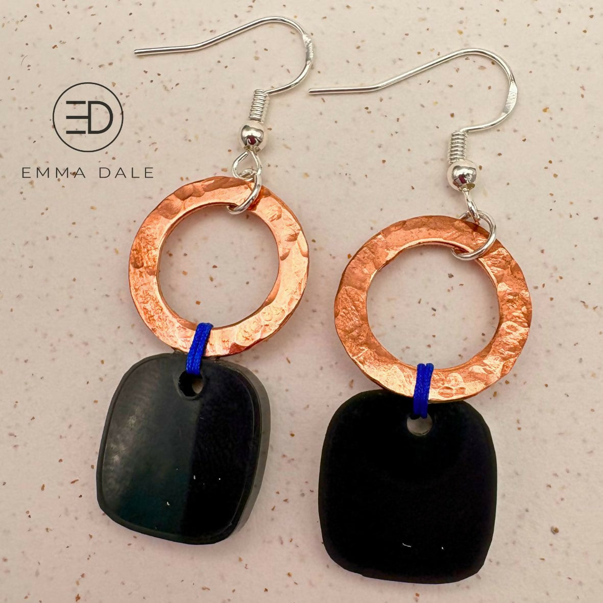 Black Acrylic & Hand-Hammered Copper Earrings