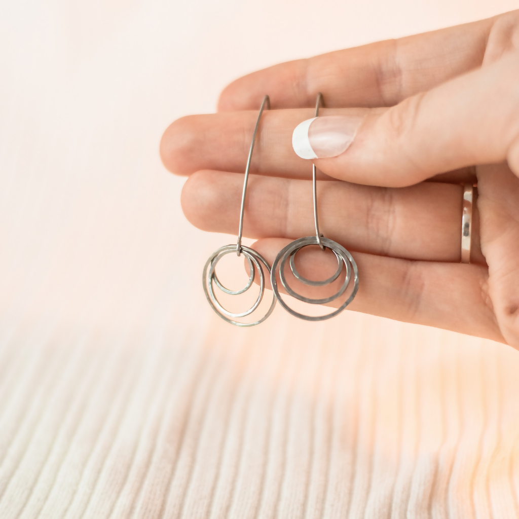 Hammered Triple Circle Stainless Steel Drop Earrings