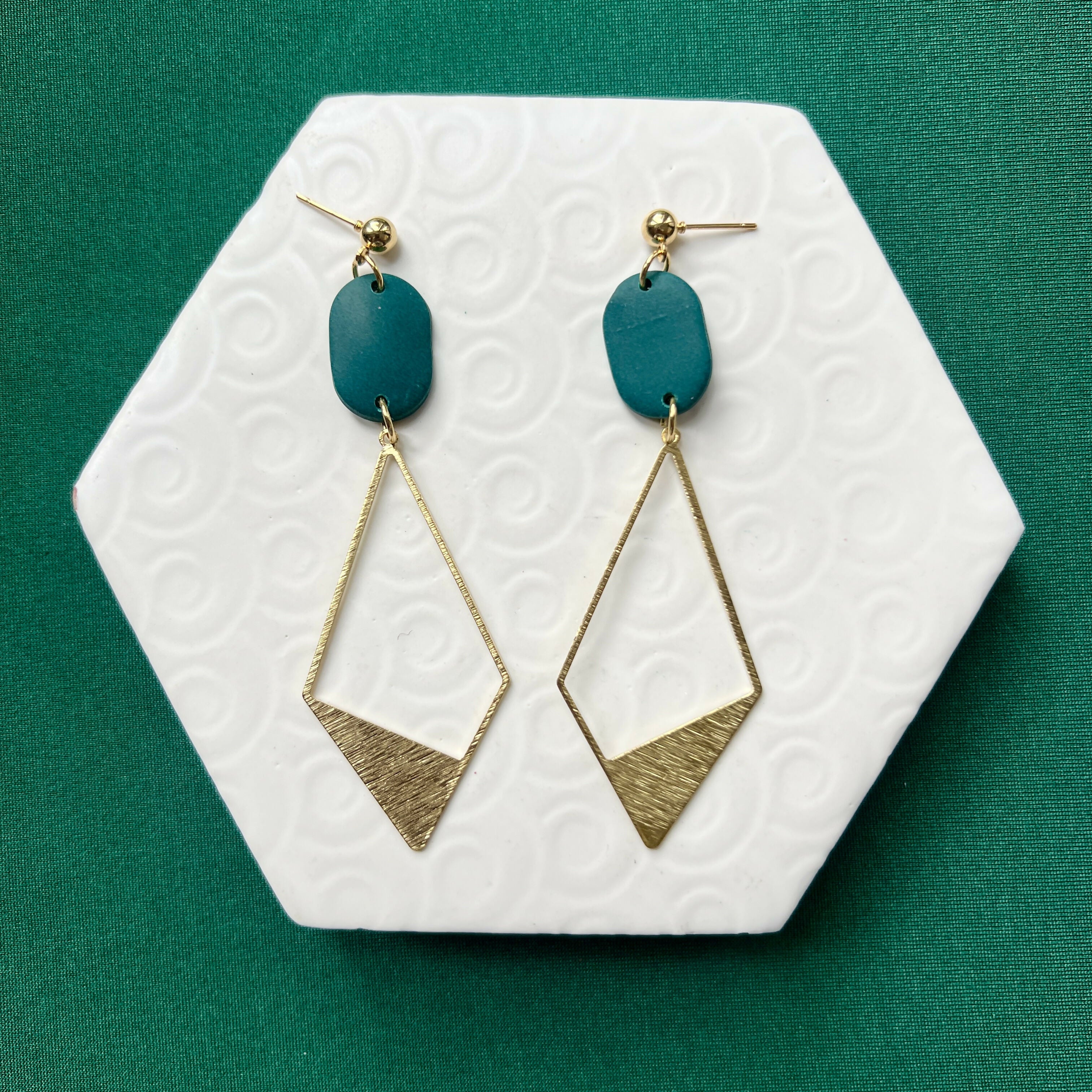 Vickie Teal Polymer Clay & Gold Geometric Drop Statement Earrings