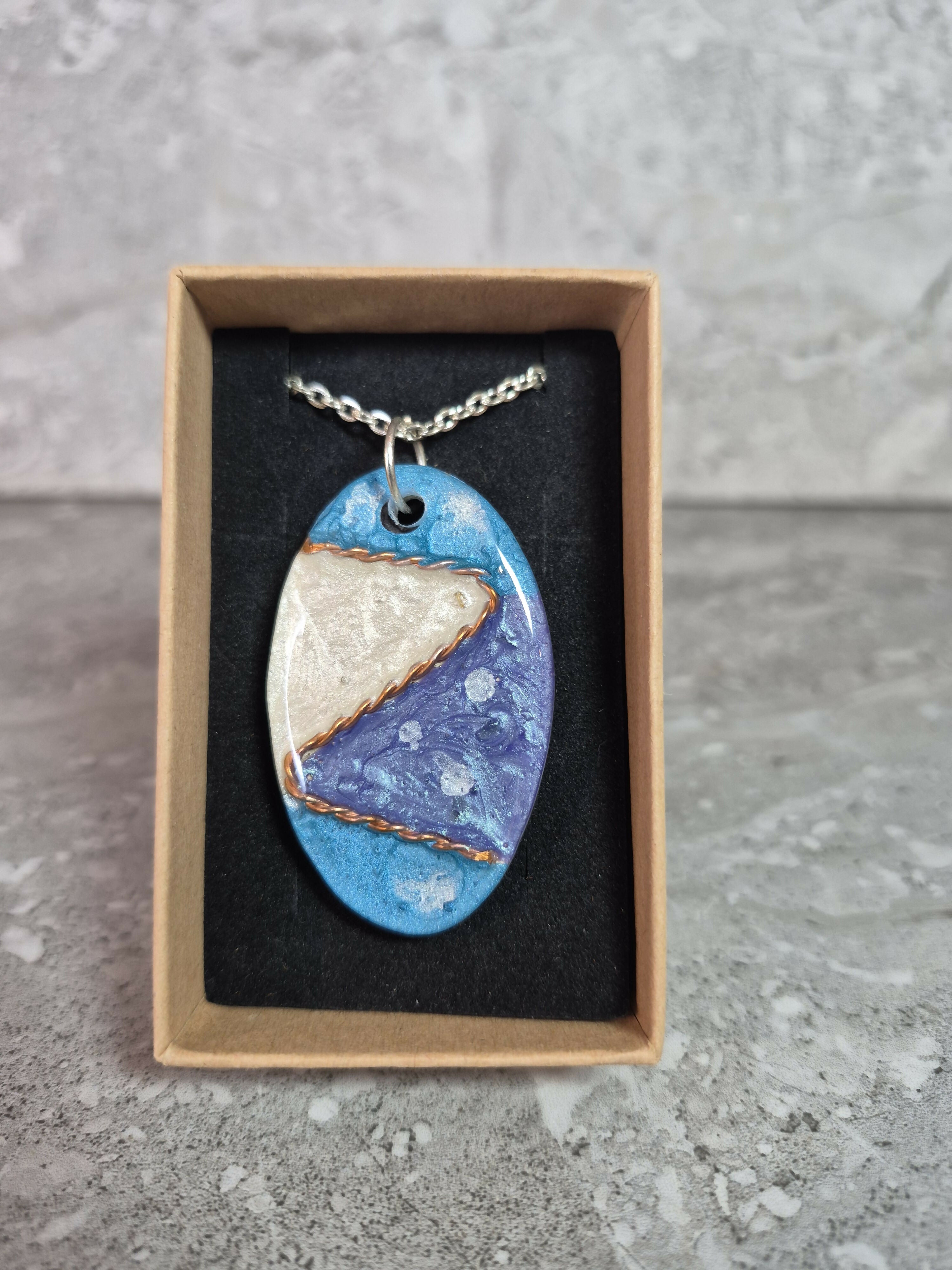 Unique Hand Crafted Oval Cyan, Blue, White Swirl Bohemian Style Pendant