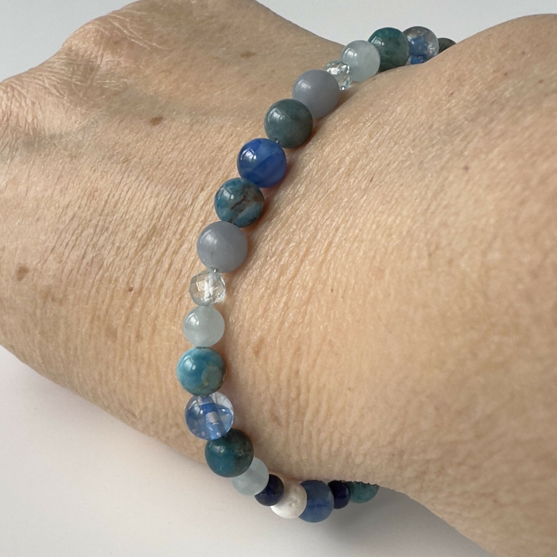 HEALING CRYSTAL & STERLING SILVER THROAT CHAKRA BRACELET WITH AROMATHERAPY BEADS
