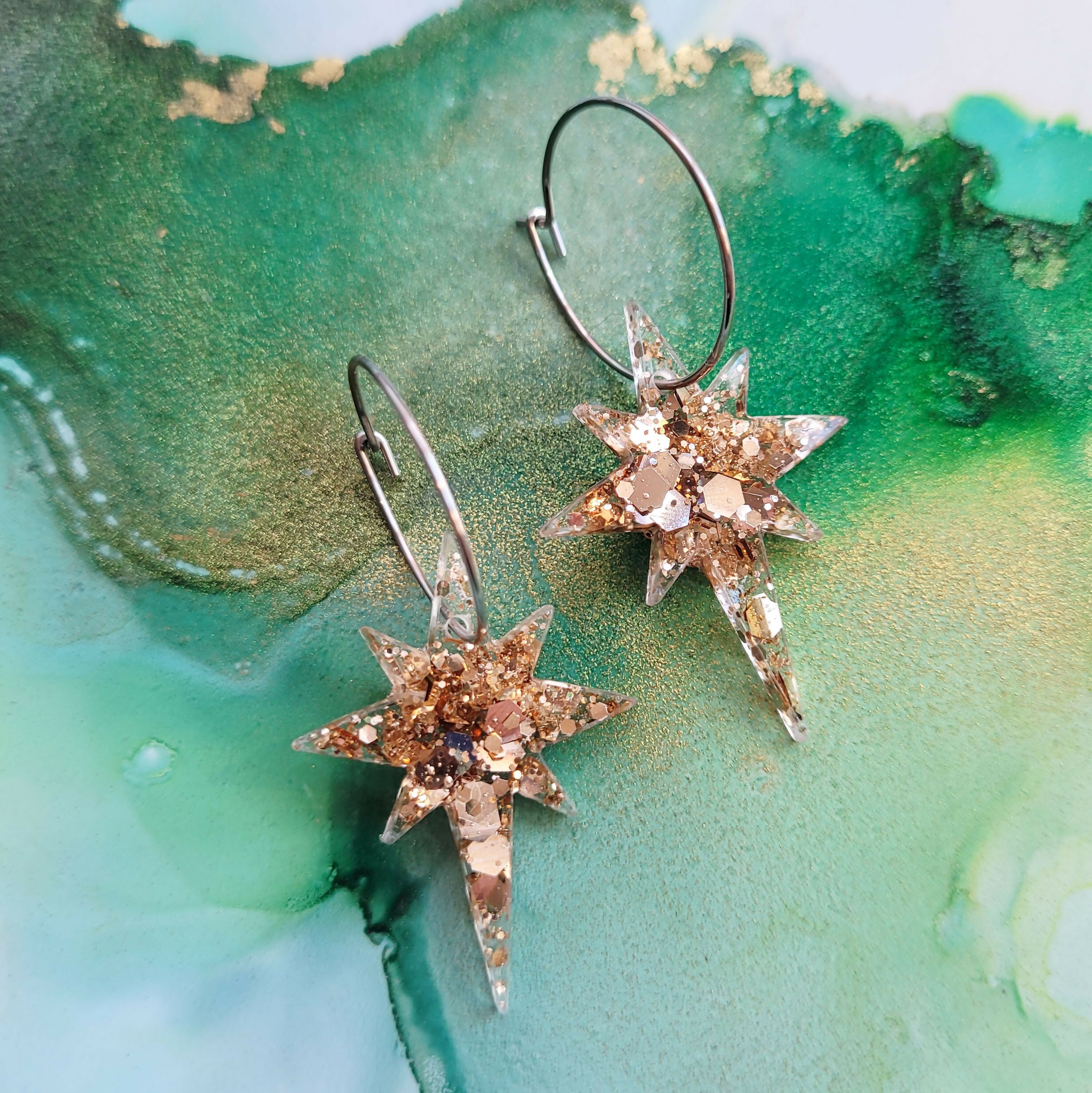 Handmade Light Gold Glitter North Star Resin Christmas Hoop Earrings