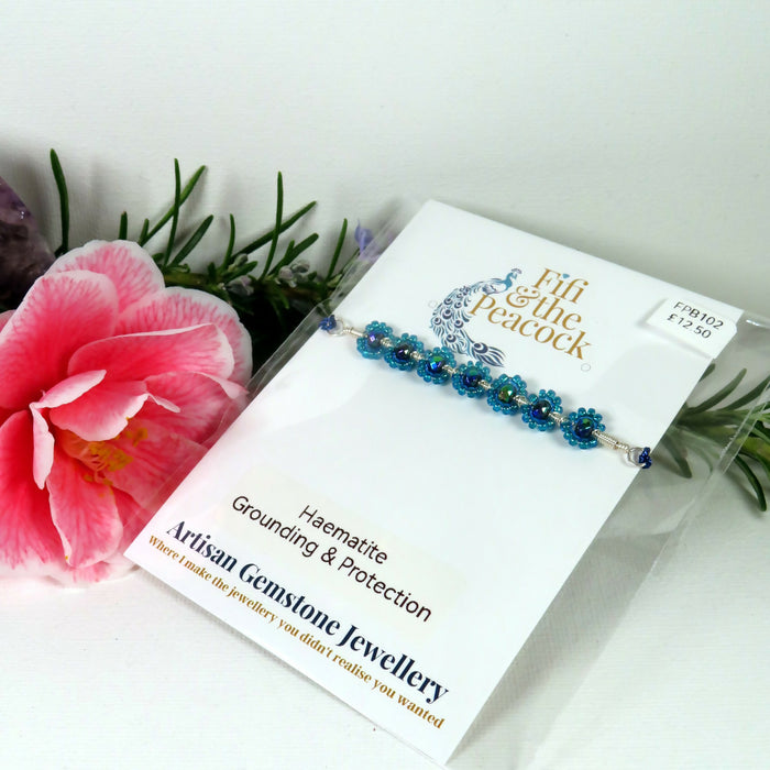 Dainty Bouquet Wire & Macrame Bracelet, Rainbow Haematite & Teal Blue Fancy Lined Seed Beads, Silver Plated Wire, Blue Cord