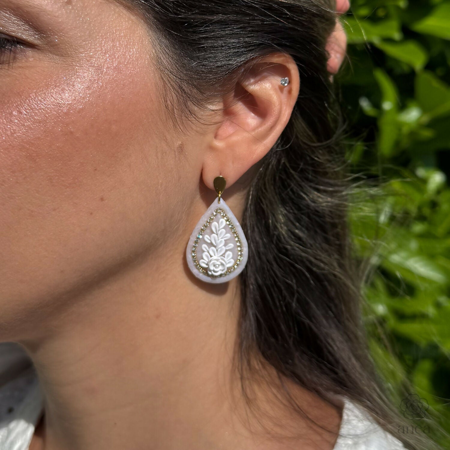 Floral Teardrop Earrings with Rhinestone Detail in Opal