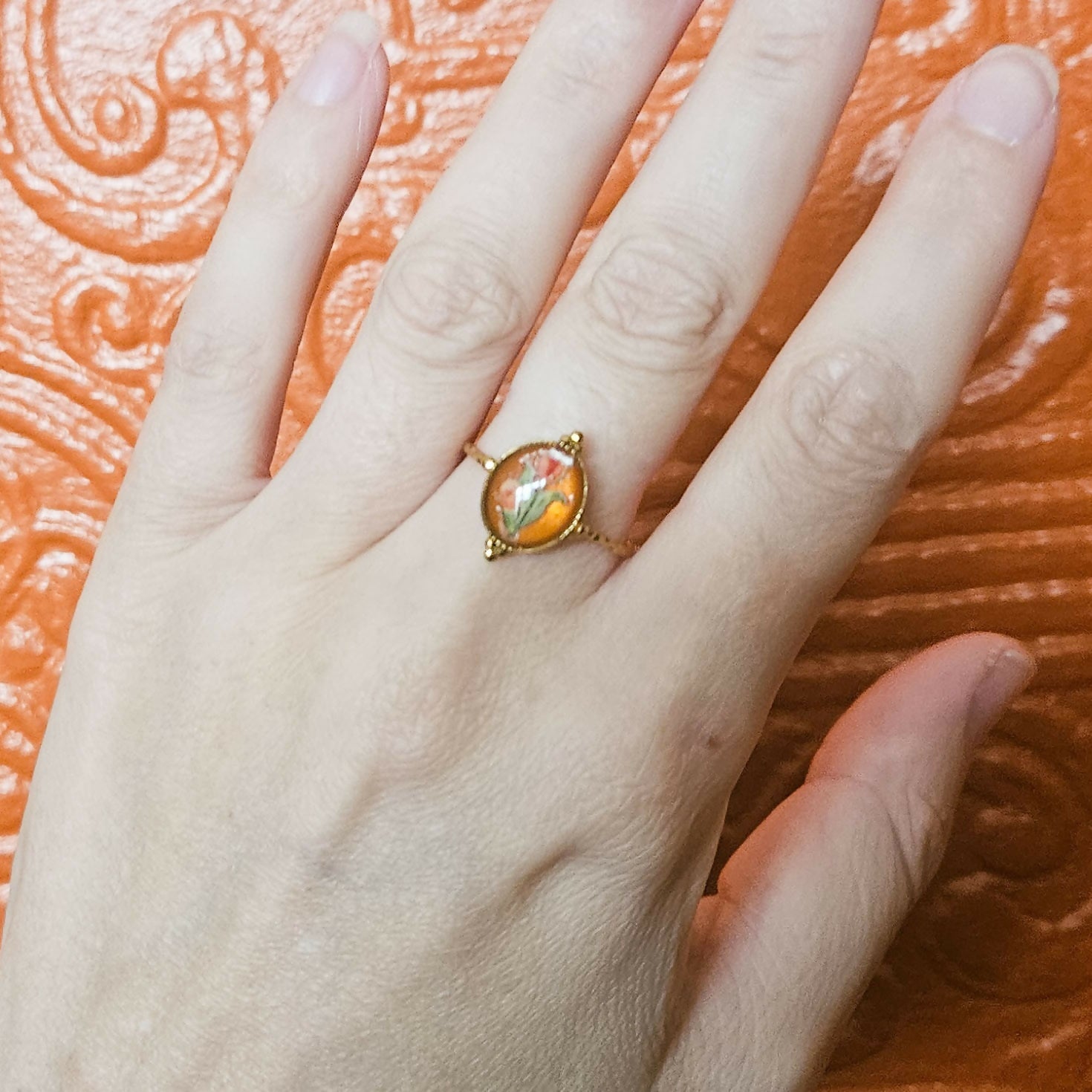 Handmade Orange Tulip Resin And Stainless Steel Adjustable Ring