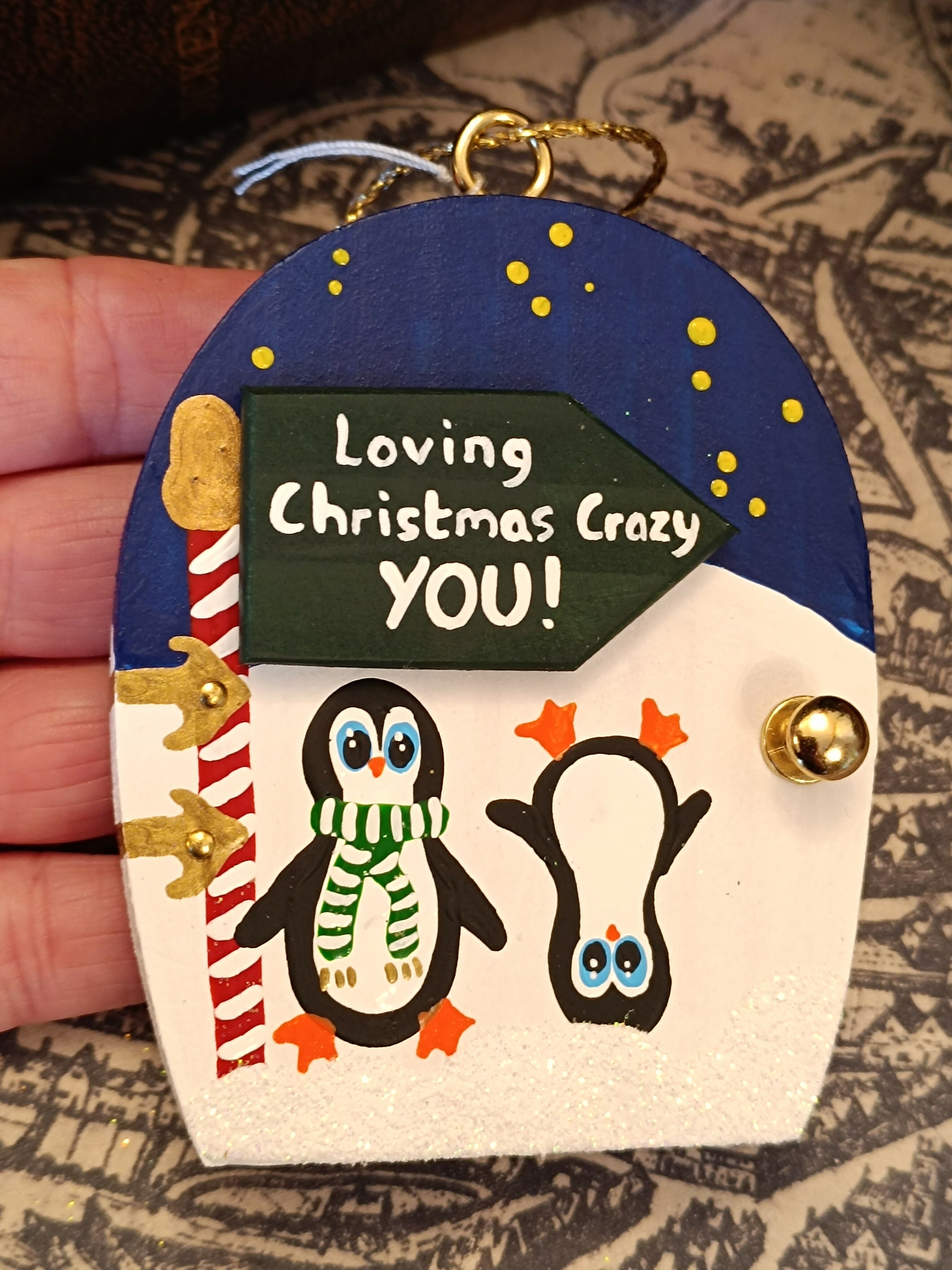 Handmade Wooden Penguin Ornament – "Loving Christmas Crazy YOU!" Funny Tree Decoration & Cute Holiday Gift