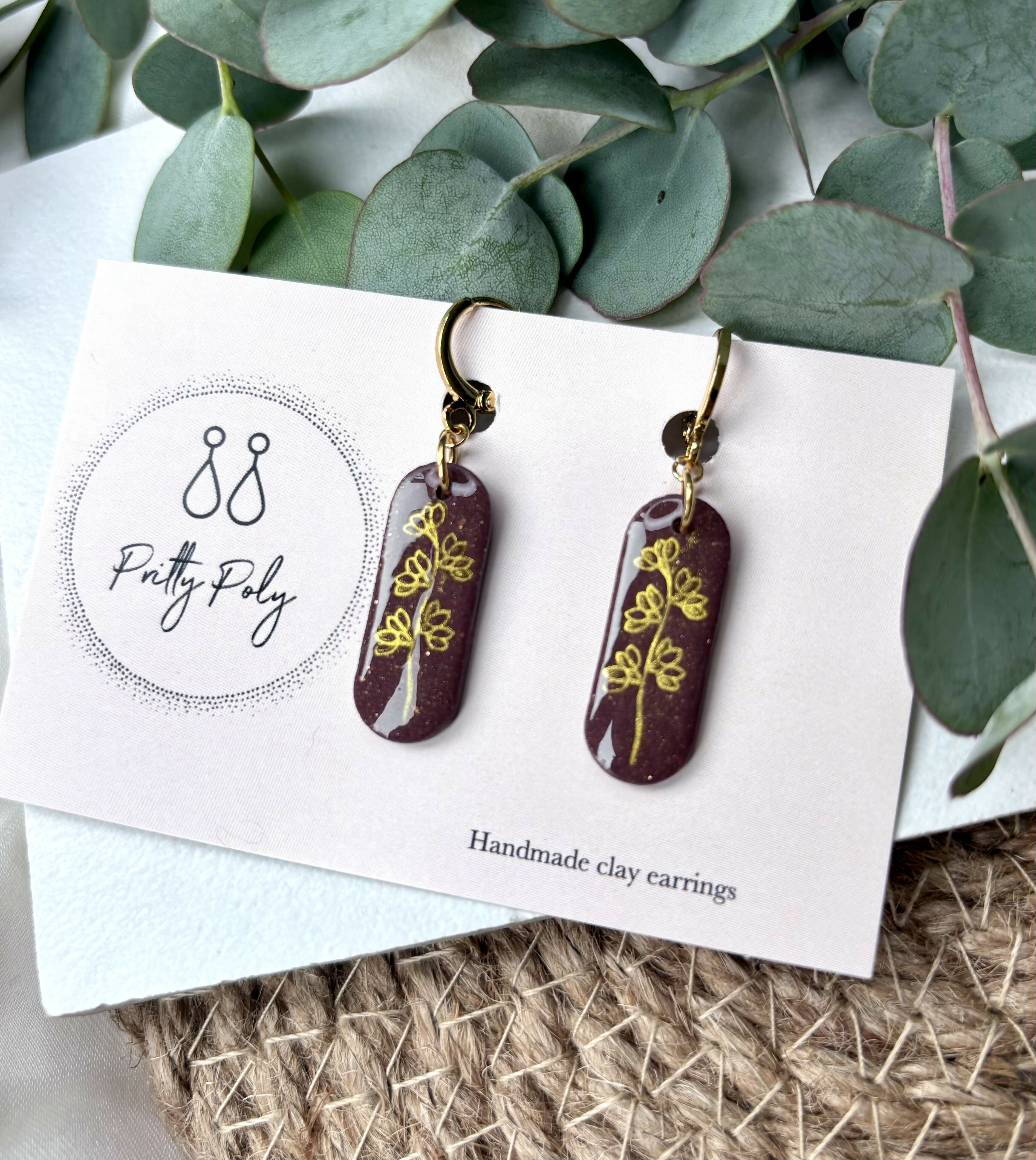Burgundy Flower Huggie Hoops Polymer Clay Earrings