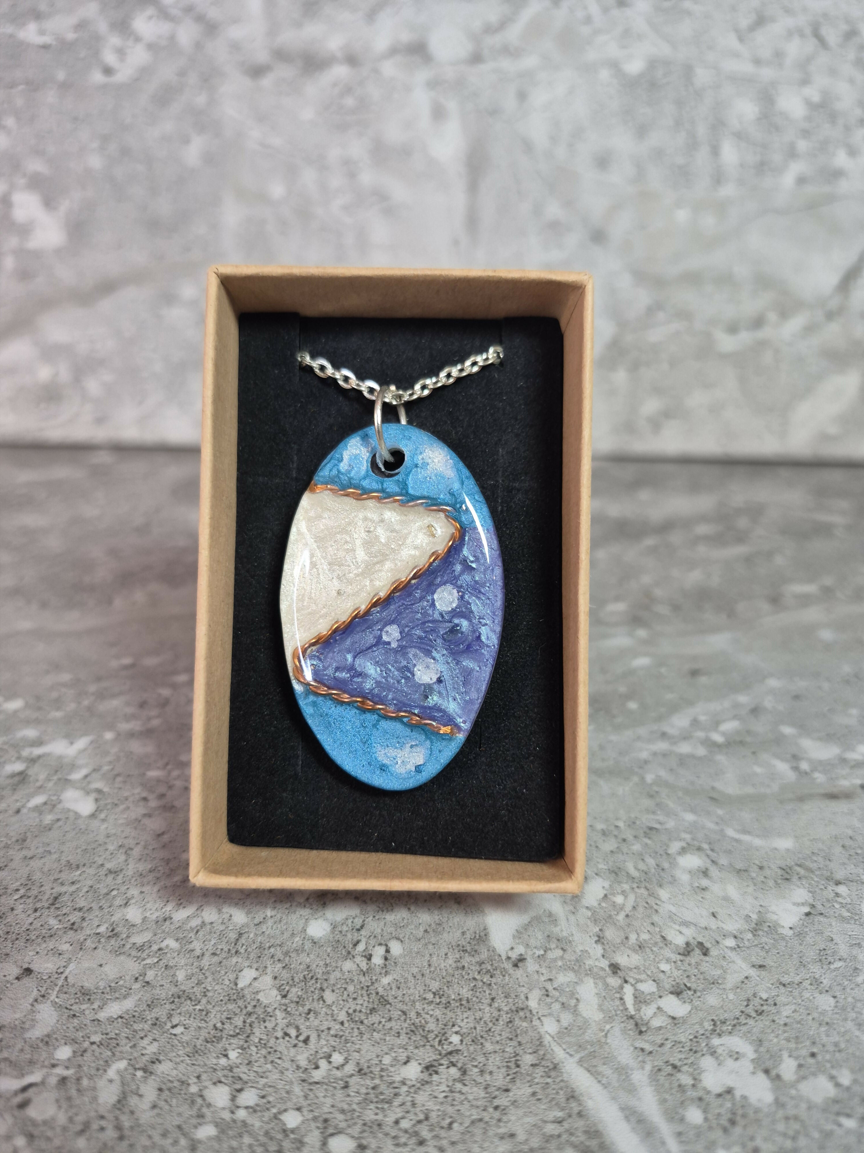 Unique Hand Crafted Oval Cyan, Blue, White Swirl Bohemian Style Pendant
