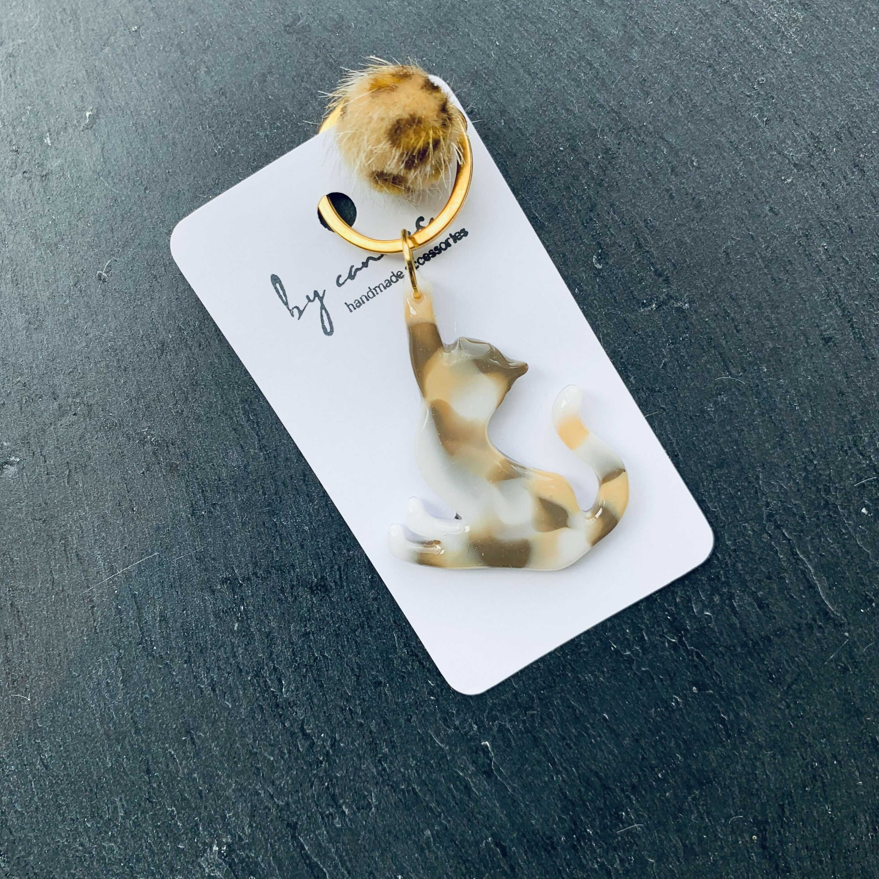 Handcrafted Resin Cat Keyring, Bag Charm with Pom Pom