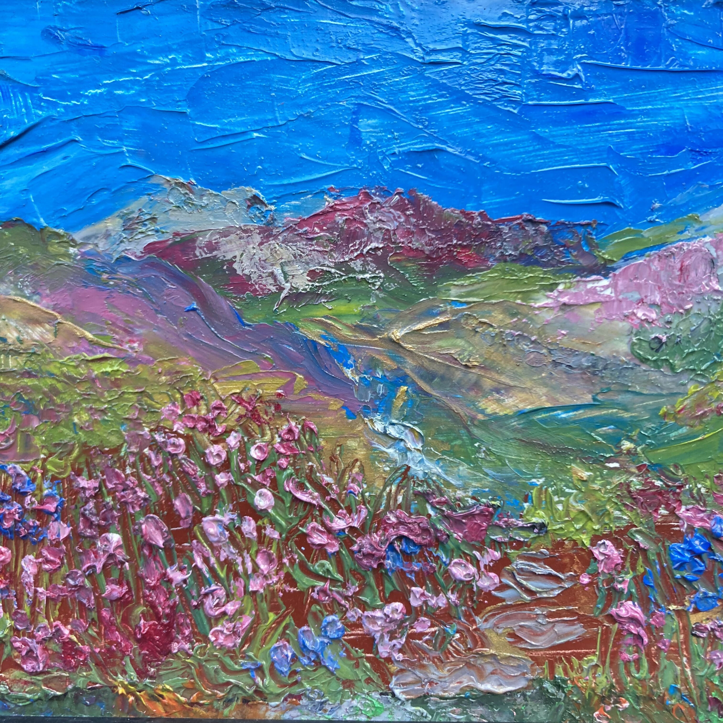 Stepping stones through Heather original black framed oil painting